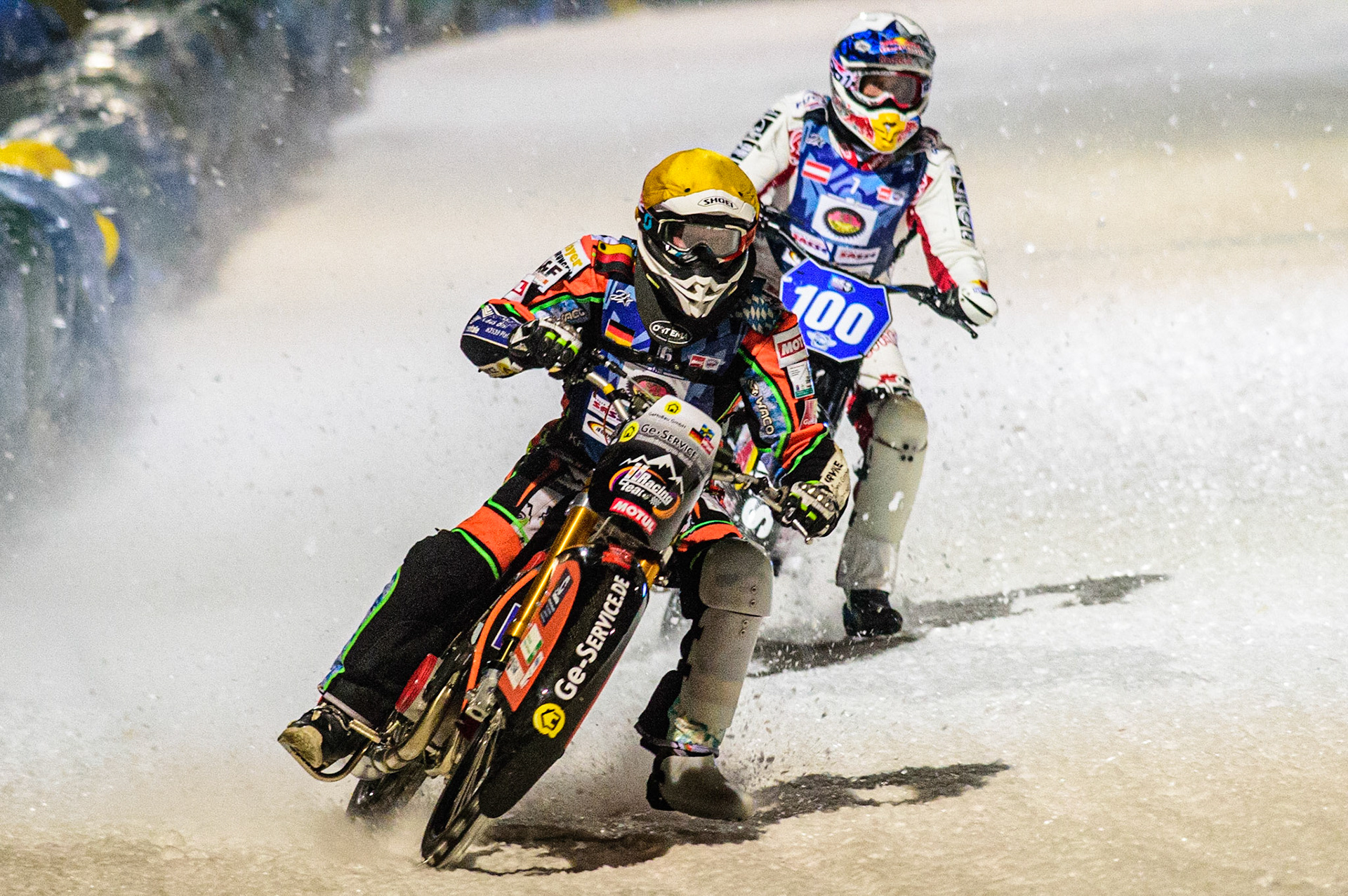 Markus Jell (Yellow) leads Franz Zorn (White) during the German Individual Ice Speedway Championship at Horst-Dohm-Eisstadion, Berlin on Friday 3rd March 2023. (Photo: Ian Charles | MI News)