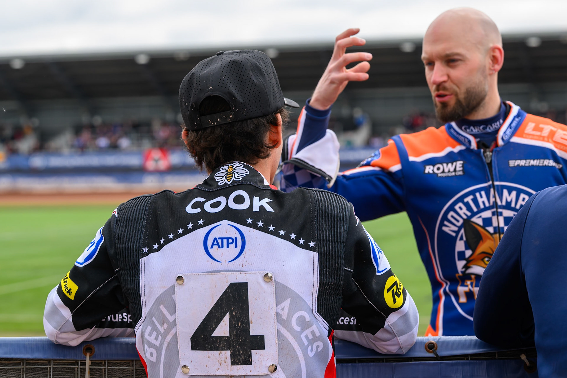 Zach Cook of Belle Vue Aces leading chats with Nicolai Klindt of Northampton Foxes during the Rowe Motor Oil Premiership match between Belle Vue Aces and Northampton Foxes at the National Speedway Stadium, Manchester on Monday 4th May 2026. (Photo: Ian Charles | MI News)