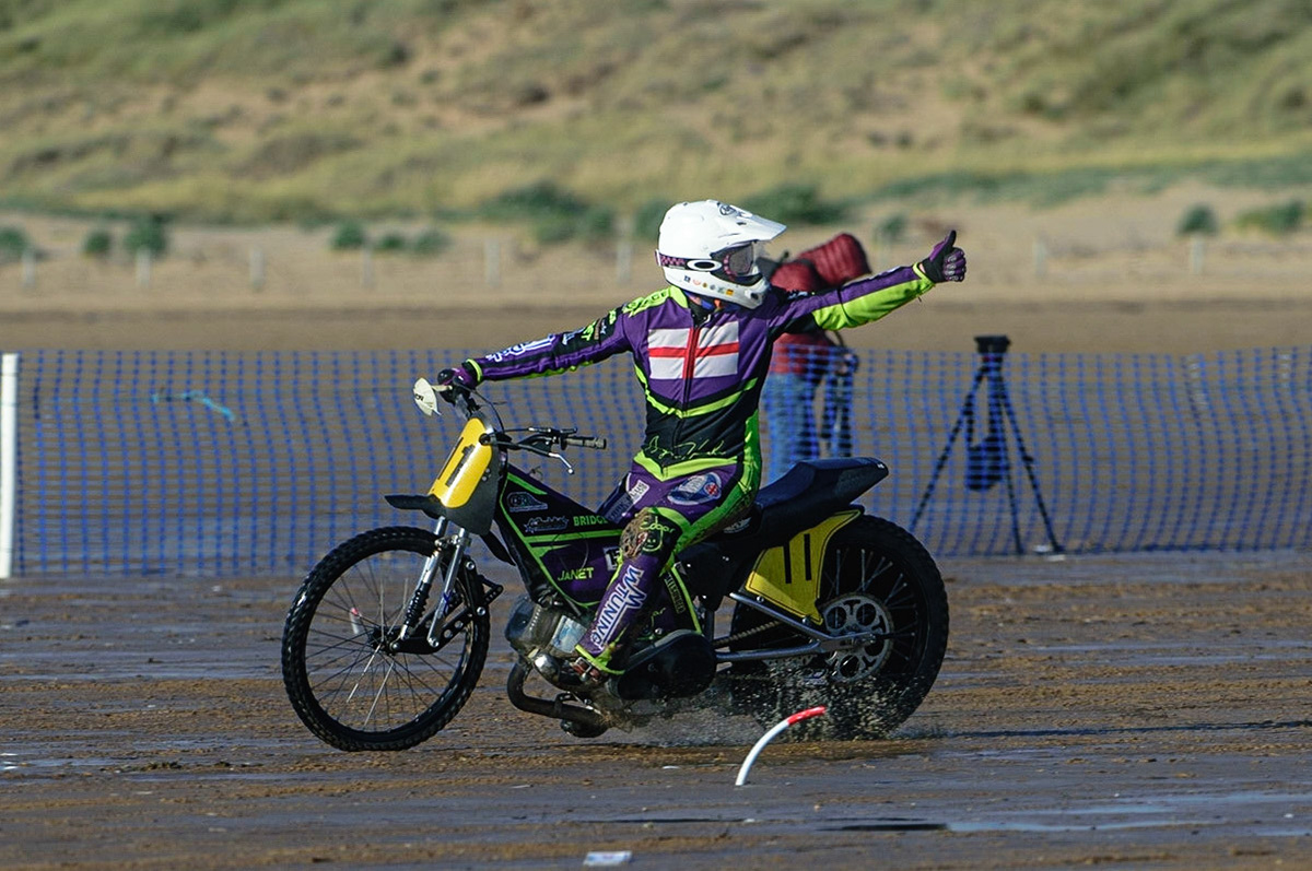Paul Cooper (11) celebrates his win during the Fylde ACU British Sand Racing Masters Championship on  Sunday 2nd October 2022. (Credit: Ian Charles | MI News)