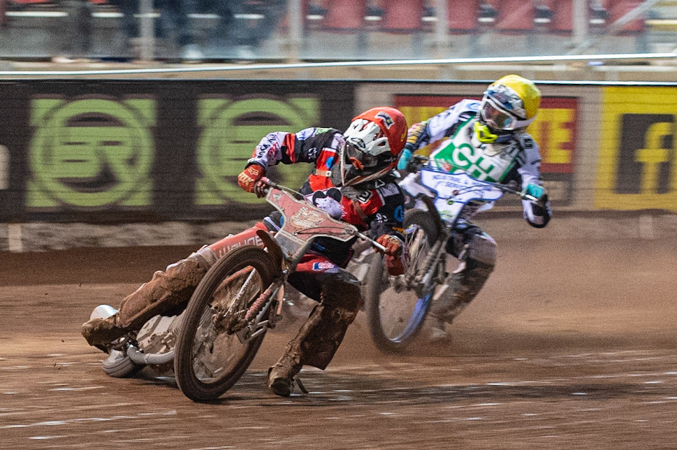 Photo: Ian Charles

Connor Bailey  (Red) leads Max Clegg  (Yellow)

Belle Vue Colts v Cradley Heathens, SGB National League KO Cup Semi Final 2nd Leg, Belle Vue National Speedway Stadium, Manchester, Wednesday 18  September  2019