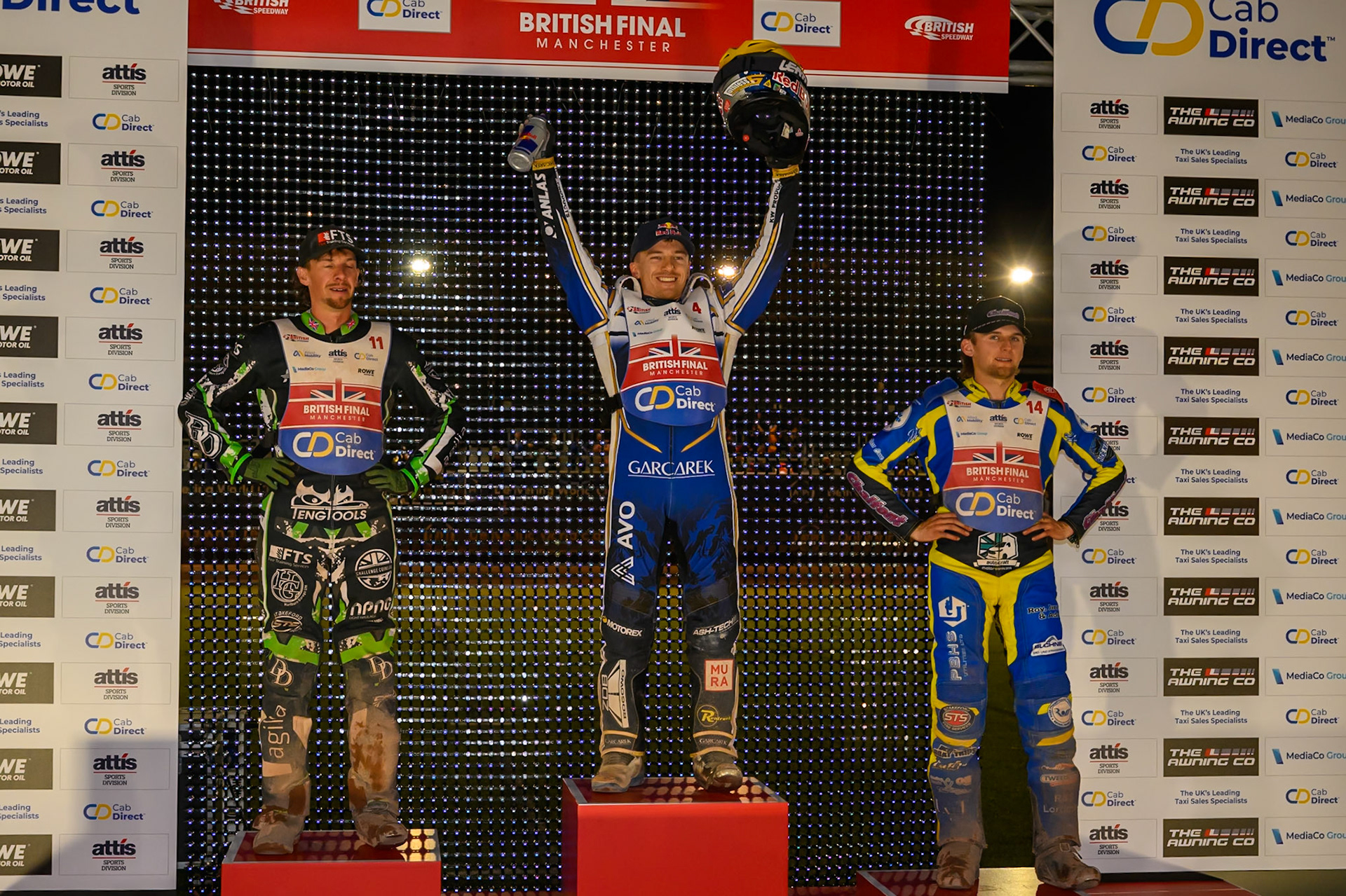 Top3: (L to R)  Charles Wright (2nd), Robert Lambert (Winner), Leon Flint (3rd) during the Cab Direct British Speedway Championship Final at the National Speedway Stadium, Manchester on Saturday 15th August 2026. (Photo: Ian Charles | MI News)