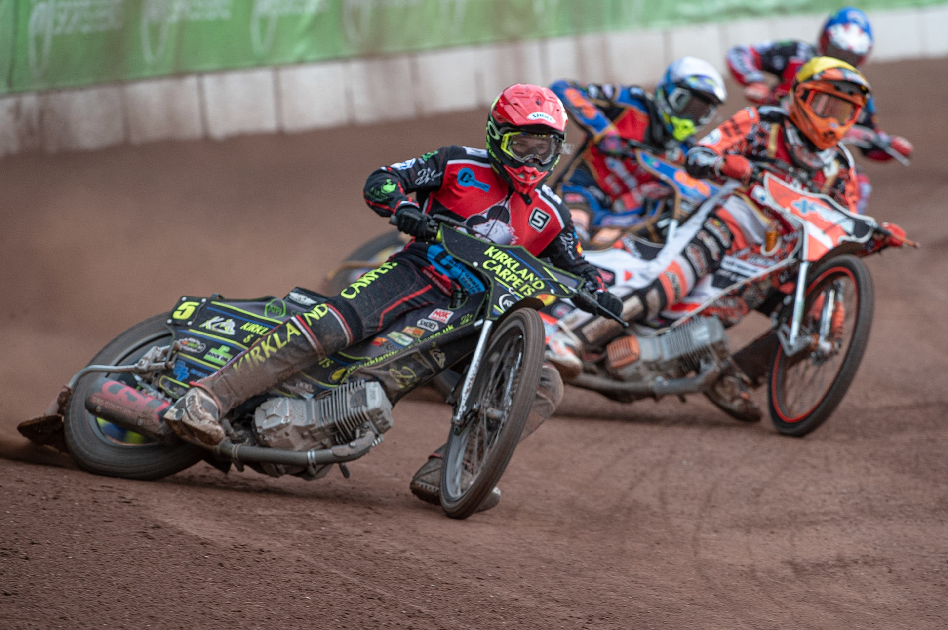 Photo: Ian Charles

Kyle Bickley  (Red) leads Jordan Jenkins  (Yellow) and Anders Rowe  (White) with Connor Bailey  (Blue) behind

Belle Vue Colts v Kent Kings, SGB National League KO Cup Quarter Final 1st Leg, Belle Vue National Speedway Stadium, Manchester, Thursday 20  June  2019