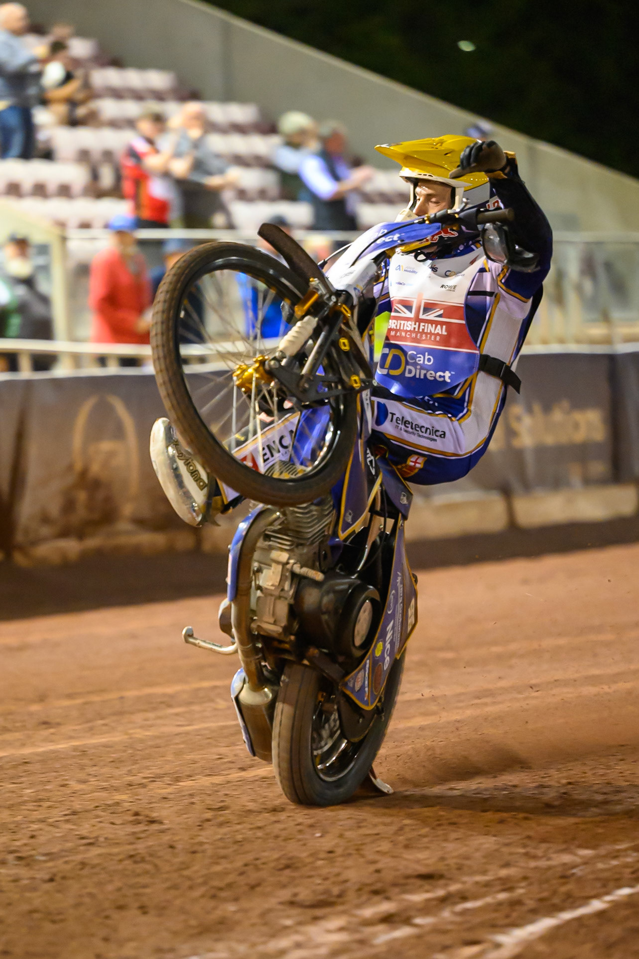 Robert Lambert (4) celebrates with a wheelie during the Cab Direct British Speedway Championship Final at the National Speedway Stadium, Manchester on Saturday 15th August 2026. (Photo: Ian Charles | MI News)