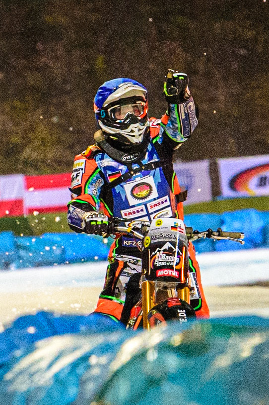 Markus Jell Celebrates crosses the line and winning the German Championship during the German Individual Ice Speedway Championship at Horst-Dohm-Eisstadion, Berlin on Friday 3rd March 2023. (Photo: Ian Charles | MI News)