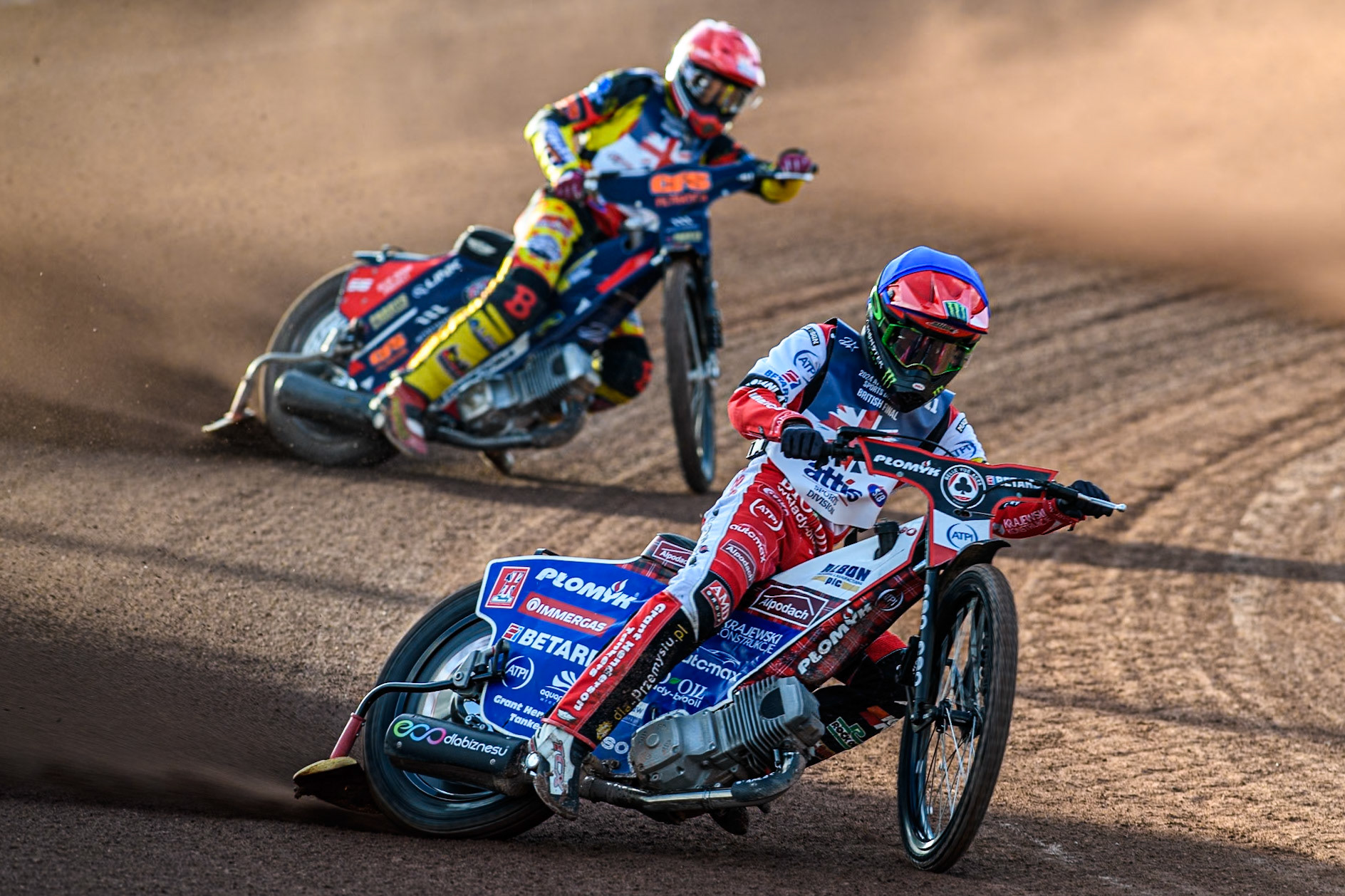 Dan Bewley leading Steve Worrall in Red during the Attis Insurance Sports Division British Speedway Championship Final at the National Speedway Stadium, Manchester on Saturday 8th June 2024. (Photo: Ian Charles | MI News)