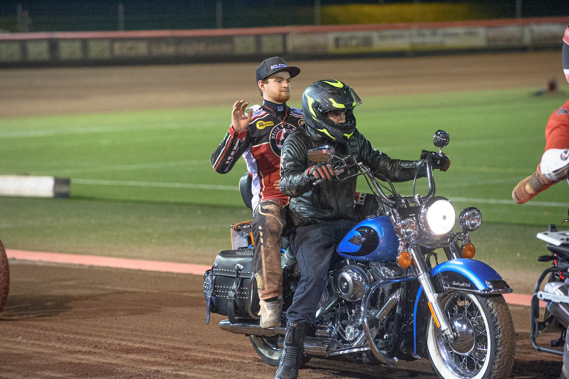 MANCHESTER, UK. SEPT 6TH  The riders on the back of Triumph motorcycles belonging to the Triumph owners club who attended the meeting during the SGB Premiership match between Belle Vue Aces and Sheffield Tigers at the National Speedway Stadium, Manchester on Monday 6th September 2021. (Credit: Ian Charles | MI News)