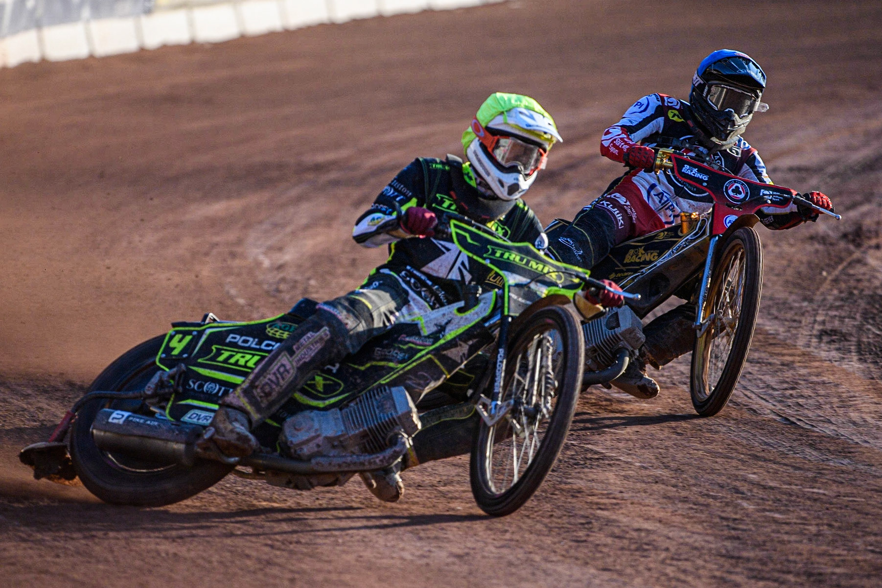 Keynan Rew (Yellow) leads Charles Wright (Blue) during the Sports Insure Premiership match between Belle Vue Aces and Ipswich Witches at the National Speedway Stadium, Manchester on Monday 5th June 2023. (Photo: Ian Charles | MI News)