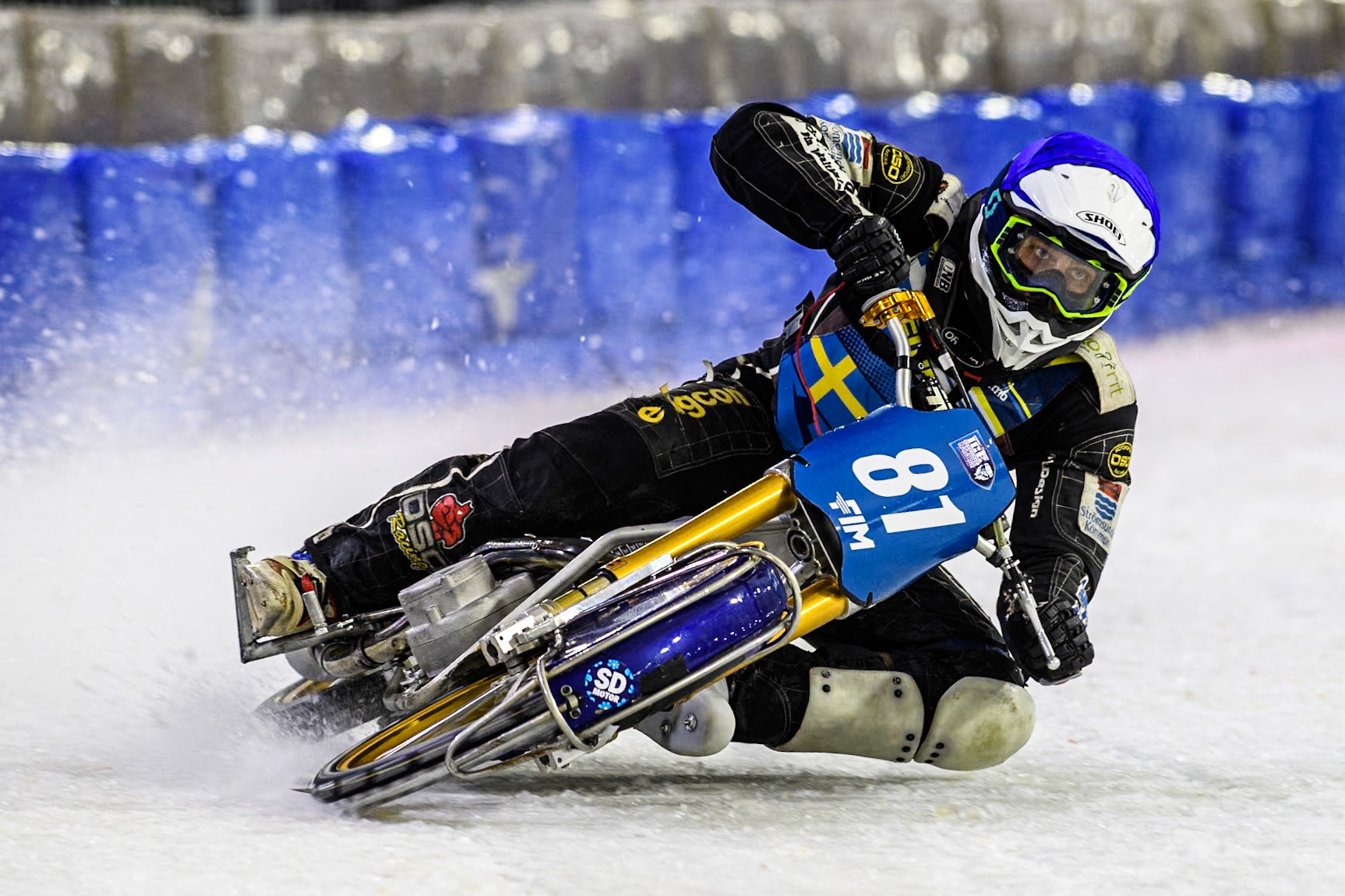 Sweden"s Jimmy Olsén (81) in action during the FIM Ice Speedway Gladiators World Championship Final 3 at Ice Rink Thialf, Heerenveen on Saturday 6th April 2024. (Photo: Ian Charles | MI News)