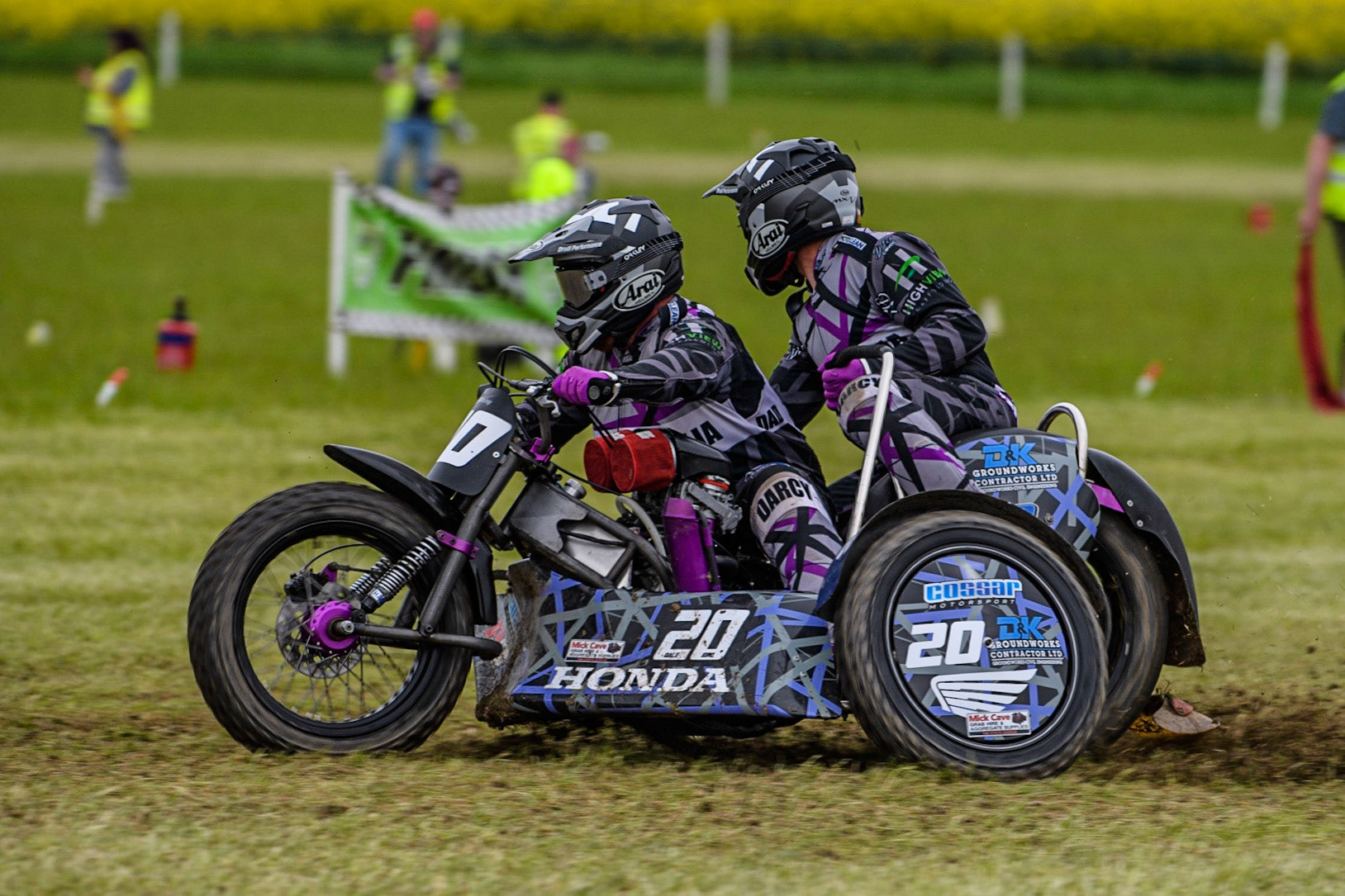 Dale Fish and Jordan Fish (20) in the 1000cc Sidecar Class during the Cheshire Grass Track Three Trophies meeting at High Legh, Cheshire on Sunday 14th May 2023. (Photo: Ian Charles | MI News)
