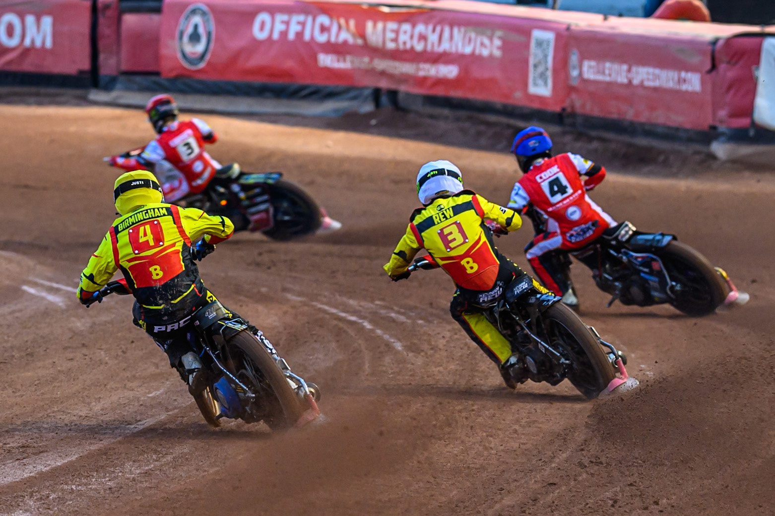 Paco Castagna of Birmingham Brummies  in Yellow and Keynan Rew of Birmingham Brummies  in White chases Zach Cook of Belle Vue Aces  in Blue and Jaimon Lidsey of Belle Vue Aces  in Red during the Rowe Motor Oil Premiership match between Belle Vue Aces and Birmingham Brummies at the National Speedway Stadium, Manchester on Monday 18th August 2025. (Photo: Ian Charles | MI News)