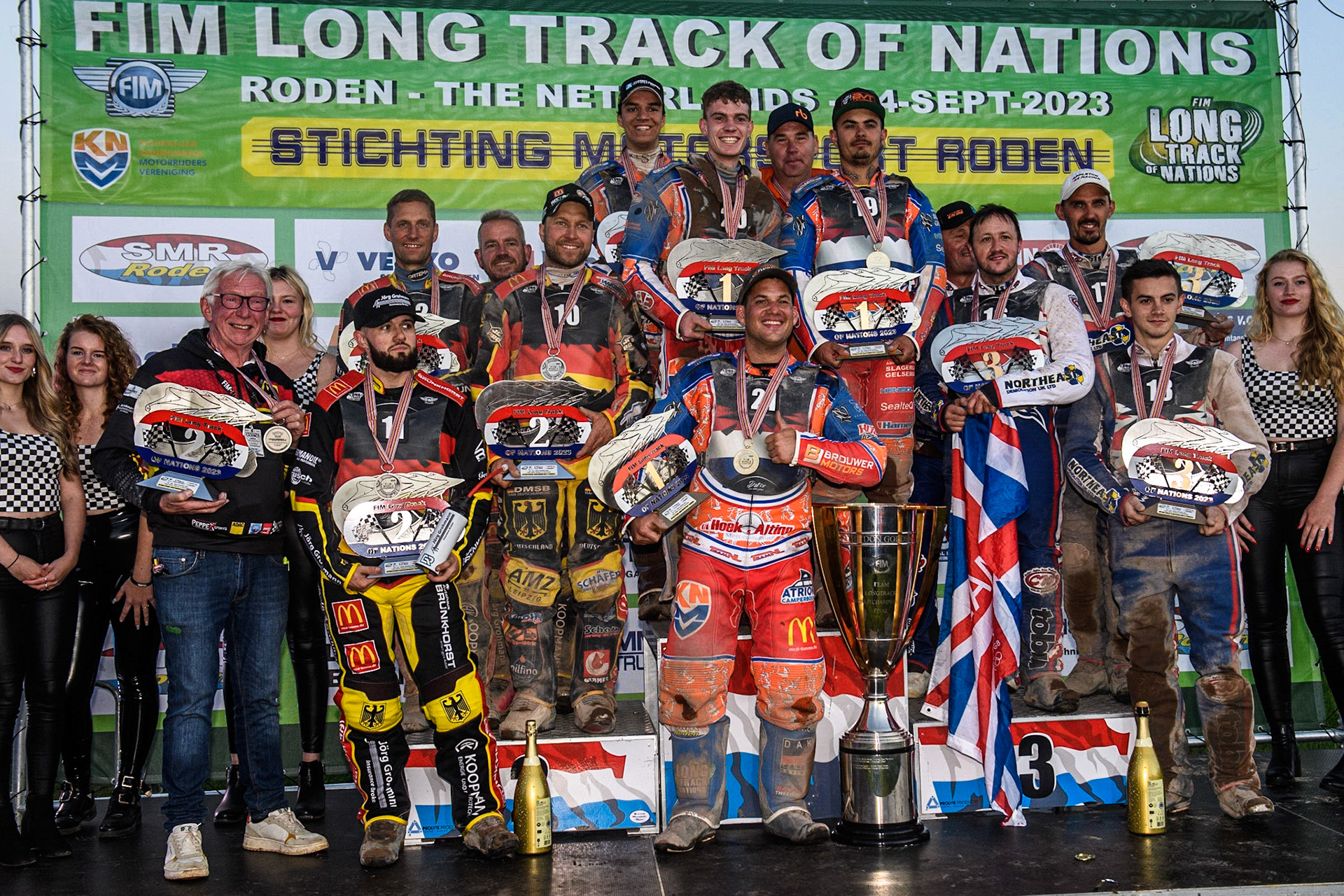 The Top 3: Germany (2nd), Netherlands (1st) and Great Britain (3rd) during the FIM Long Track Of Nations event at the Speed Centre Roden on Sunday 24th September 2023. (Photo: Ian Charles | MI News)