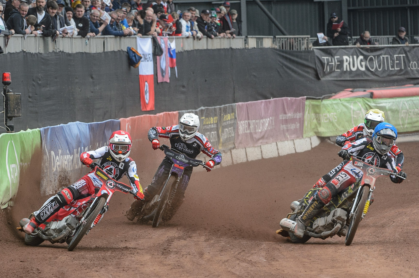 MANCHESTER, UK. MAY 2ND  Max Fricke  (Red) and \bvc2\ (Blue) leads Ulrich Ostergaard  (White) and Hans Andersen   (Yellow) during the SGB Premiership match between Belle Vue Aces and Peterborough at the National Speedway Stadium, Manchester on Monday 2nd May 2022. (Credit: Ian Charles | MI News)