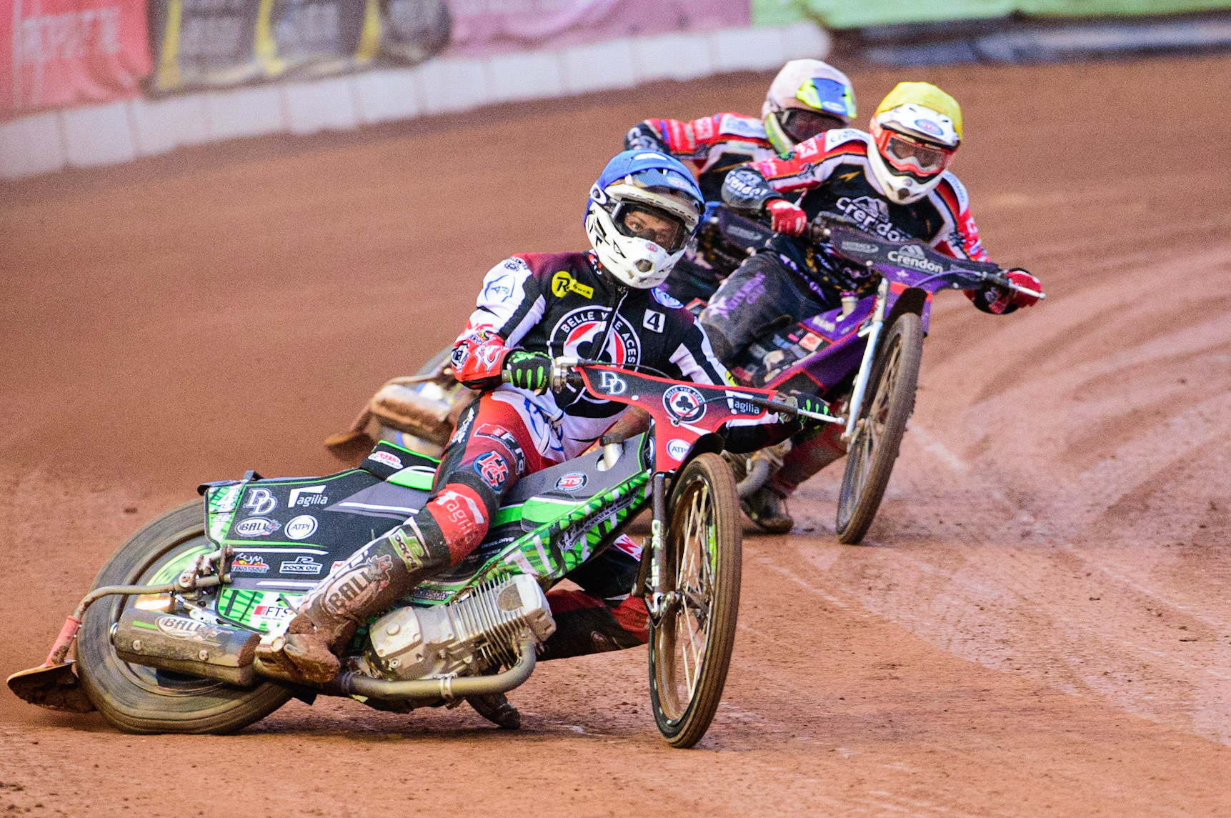 Charles Wright (Blue) leads Ulrich Oostergaard  (Yellow) and Chris Harris  (White) during the SGB Premiership match between Belle Vue Aces and Peterborough at the National Speedway Stadium, Manchester on Monday 25th July 2022. (Credit: Ian Charles | MI News