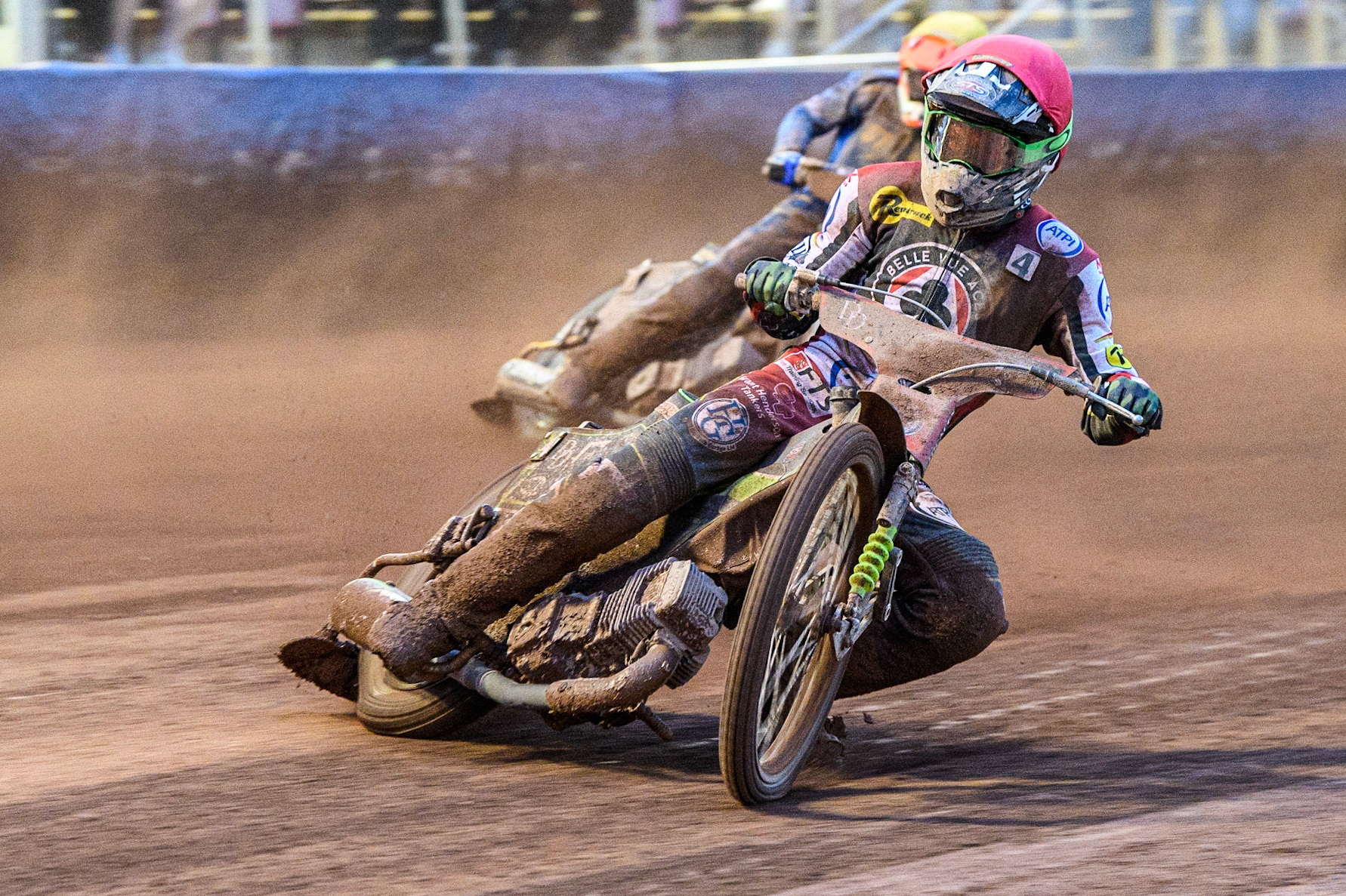 Charles Wright (Red) leads Jason Edwards (Yellow) during the Sports Insure Premiership match between Belle Vue Aces and King's Lynn Stars at the National Speedway Stadium, Manchester on Monday 12th June 2023. (Photo: Ian Charles | MI News)