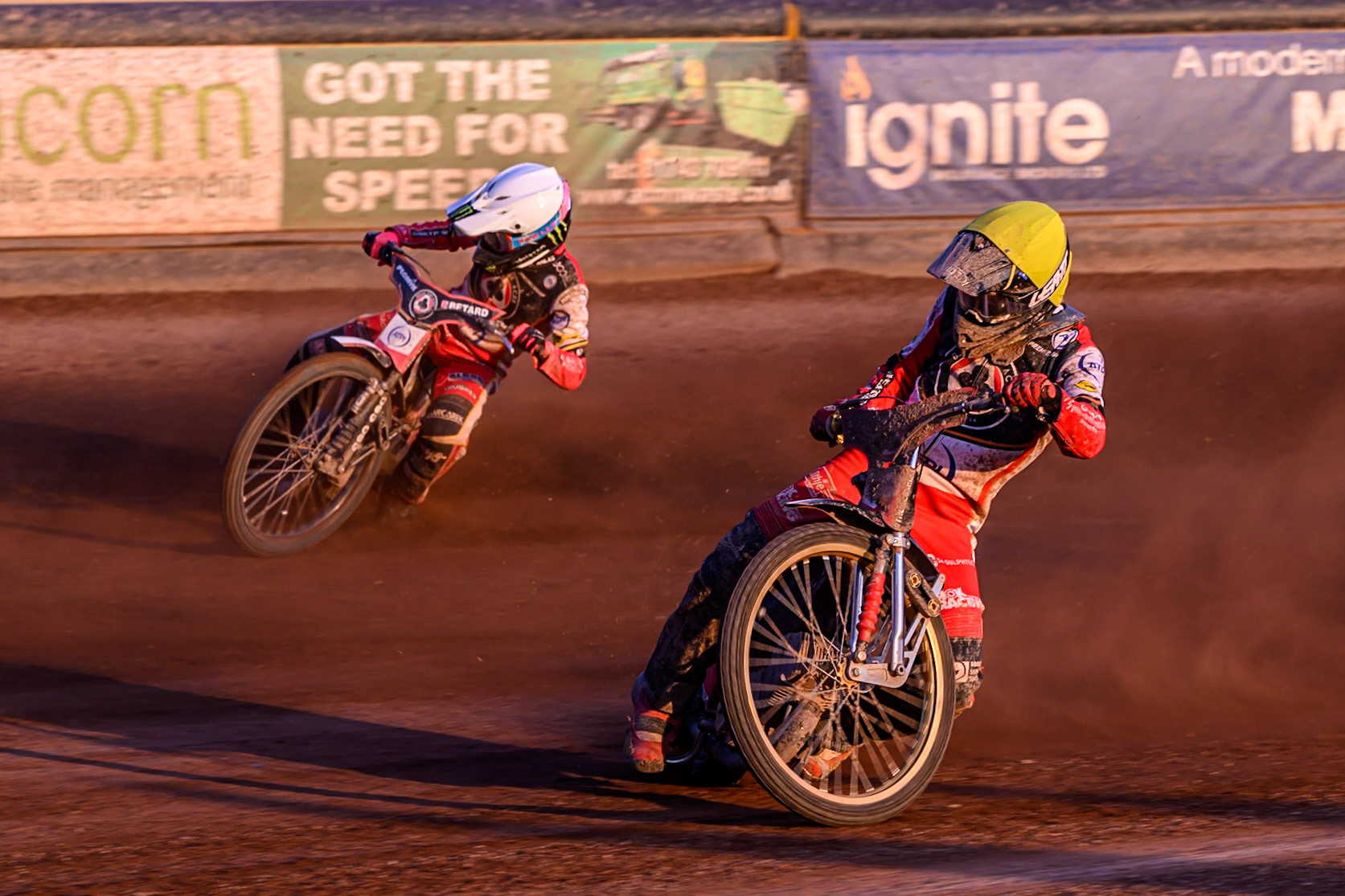 Belle Vue Aces' Norick Blodorn in Yellow rides inside Belle Vue Aces' Dan Bewley in White during the Rowe Motor Oil Premiership match between Leicester Lions and Belle Vue Aces at the Hydroscand Arena, Leicester on Thursday 19th June 2025. (Photo: Ian Charles | MI News)