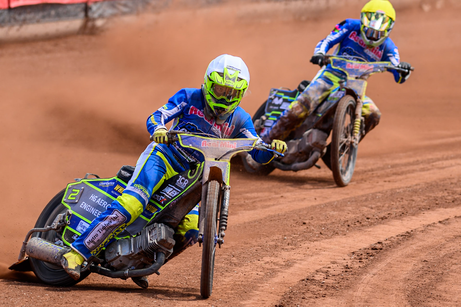 Oxford Chargers' Jacob Clouting  in White leading team mate Senna Summers  in Yellow during the WSRA National Development League match between Belle Vue Colts and Oxford Chargers at the National Speedway Stadium, Manchester on Sunday 1st June 2025. (Photo: Ian Charles | MI News)