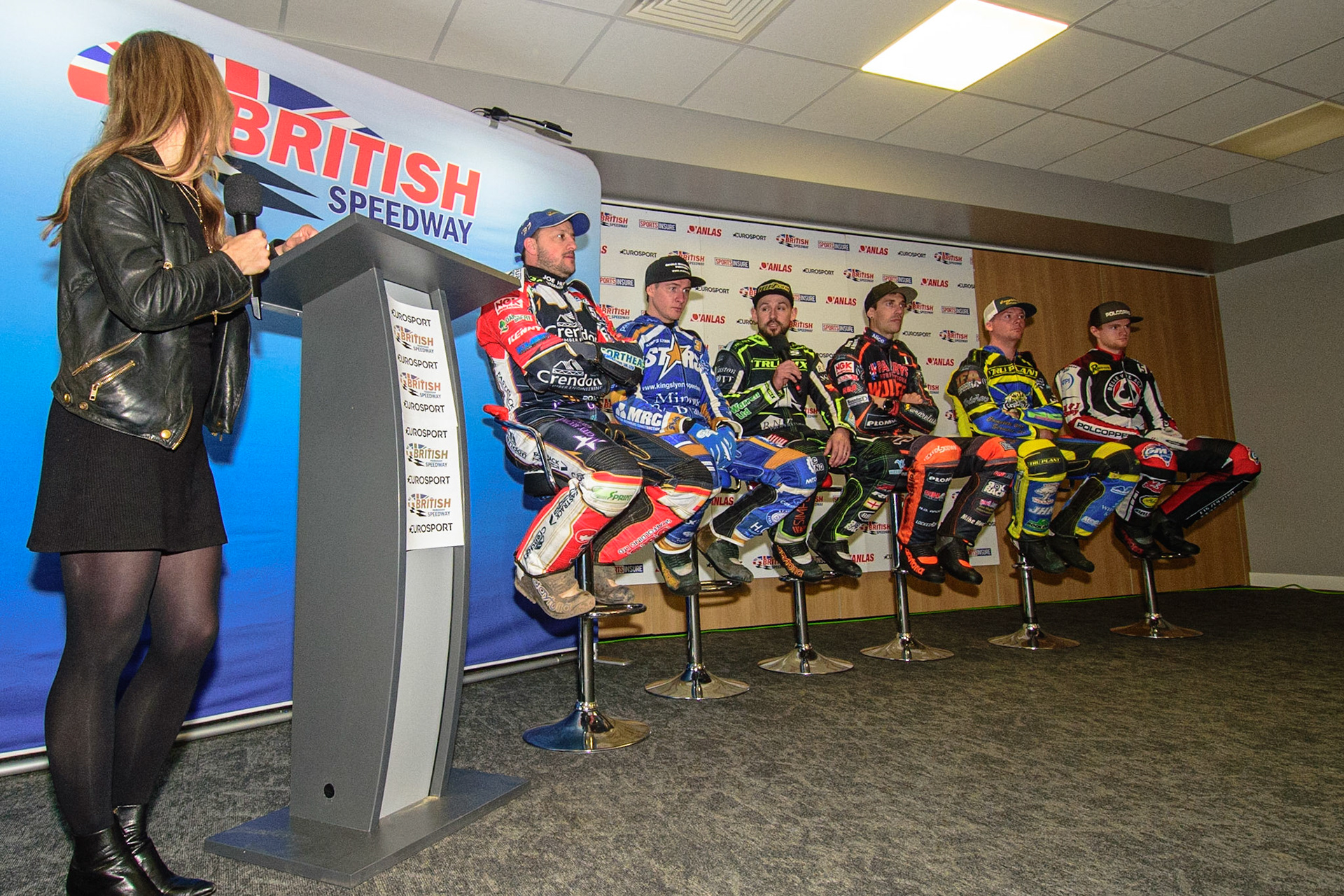 MANCHESTER, UK. APRIL 12TH: Abi Stephens of Eurosport interviews the team captains: (l-r) Chris Harris, Josh Pickering, Danny King, Sam Masters, Kyle Howarth and Brady Kurtz at the Discovery Networks Eurosport Speedway Season Launch at the National Speedway Stadium, Manchester on Tuesday 12th April 2022 (Credit: Ian Charles | MI News)