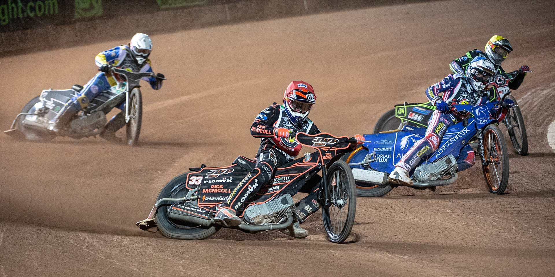 Photo: Ian CharlesSam Masters (Red) leads Lewis Kerr (White) and Jye Etheridge (Yellow)Peter Craven Memorial Trophy, National Speedway Stadium, Manchester Thursday  22  October  2020