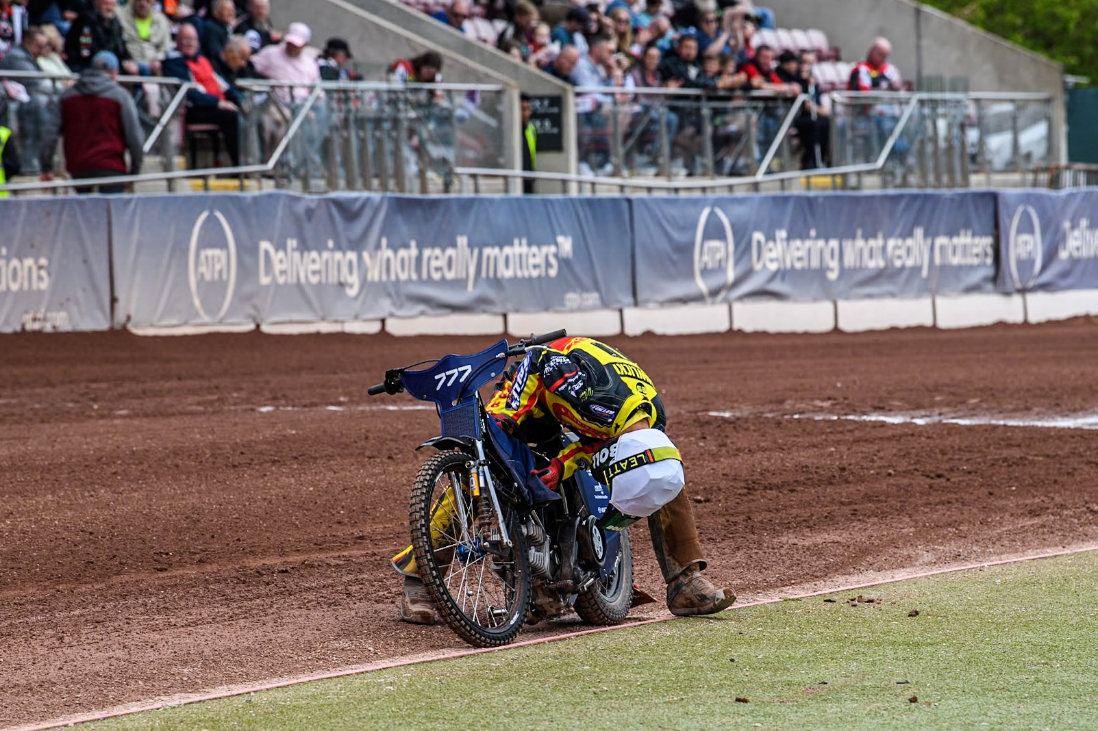 Birmingham Brummies' Piotr Pawlicki  pulls up with machine trouble during the Rowe Motor Oil Premiership match between Belle Vue Aces and Birmingham Brummies at the National Speedway Stadium, Manchester on Monday 6th May 2024. (Photo: Ian Charles | MI News)