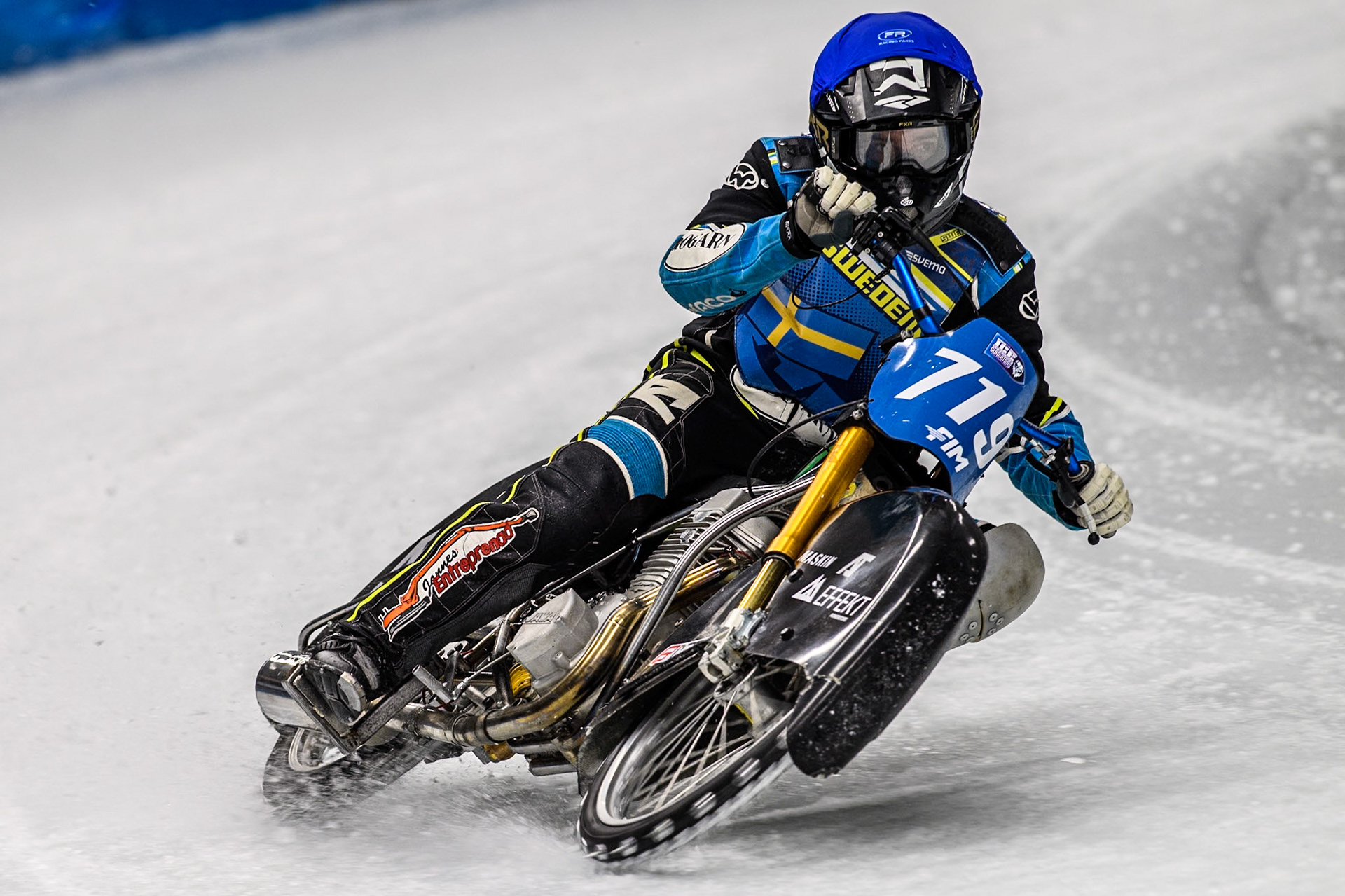 Filip Jäger (719) of Sweden in action during the Ice Speedway Gladiators World Championship Final 1 at Max-Aicher-Arena, Inzell on Saturday 15th March 2025. (Photo: Ian Charles | MI News)