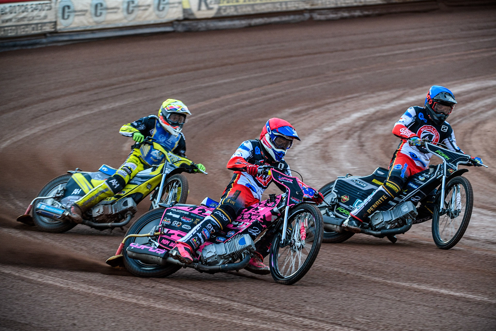 James Pearson (Red) and Matt Marson (Blue) lead Dayle Wood (Yellow) during the National Development League match between Belle Vue Colts and Edinburgh Monarchs Academy at the National Speedway Stadium, Manchester on Friday 21st July 2023. (Photo: Ian Charles | MI News)