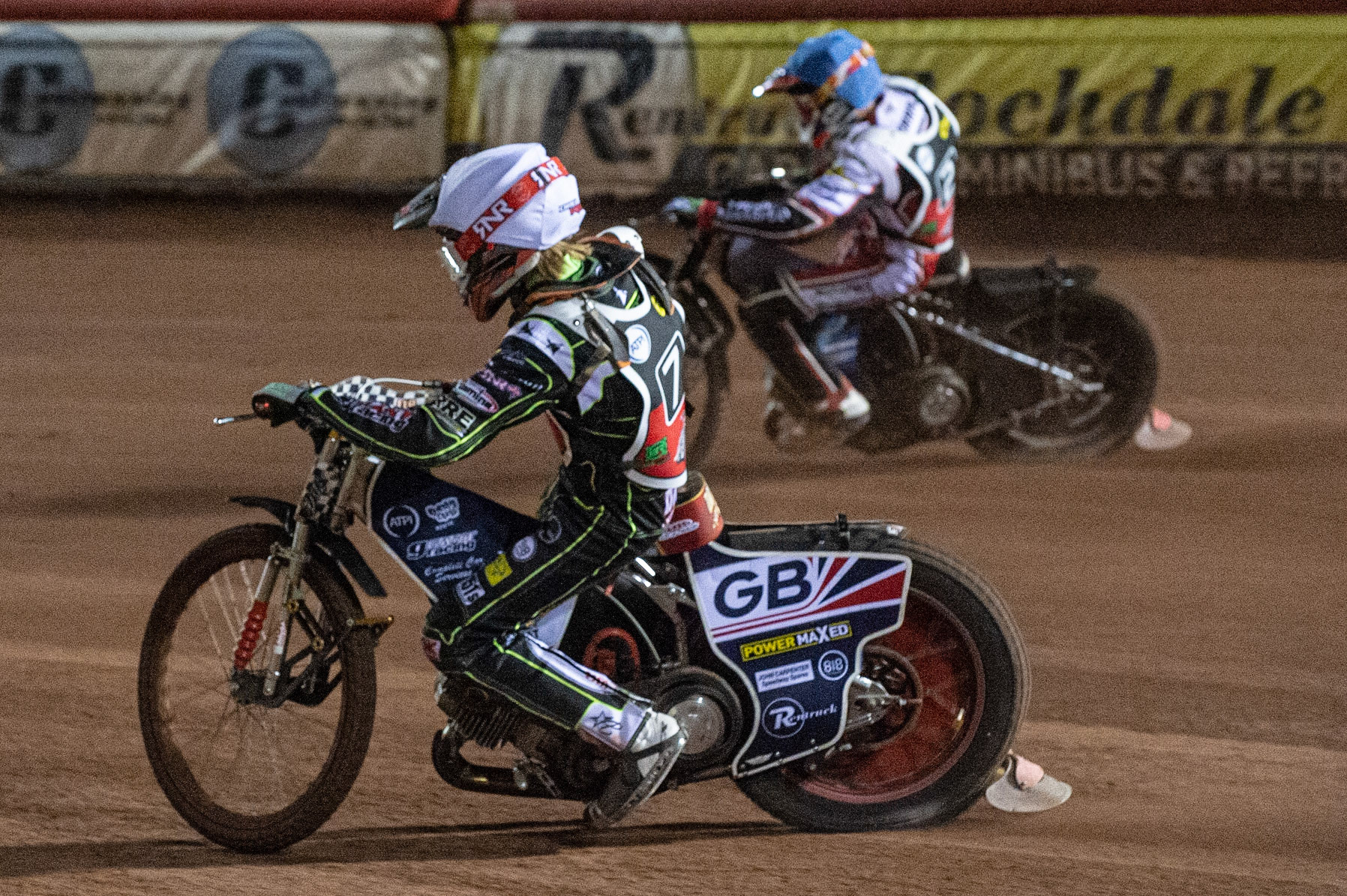 Photo: Ian CharlesDrew Kemp (White) inside Steve Worrall (Blue)Peter Craven Memorial Trophy, National Speedway Stadium, Manchester Thursday  22  October  2020