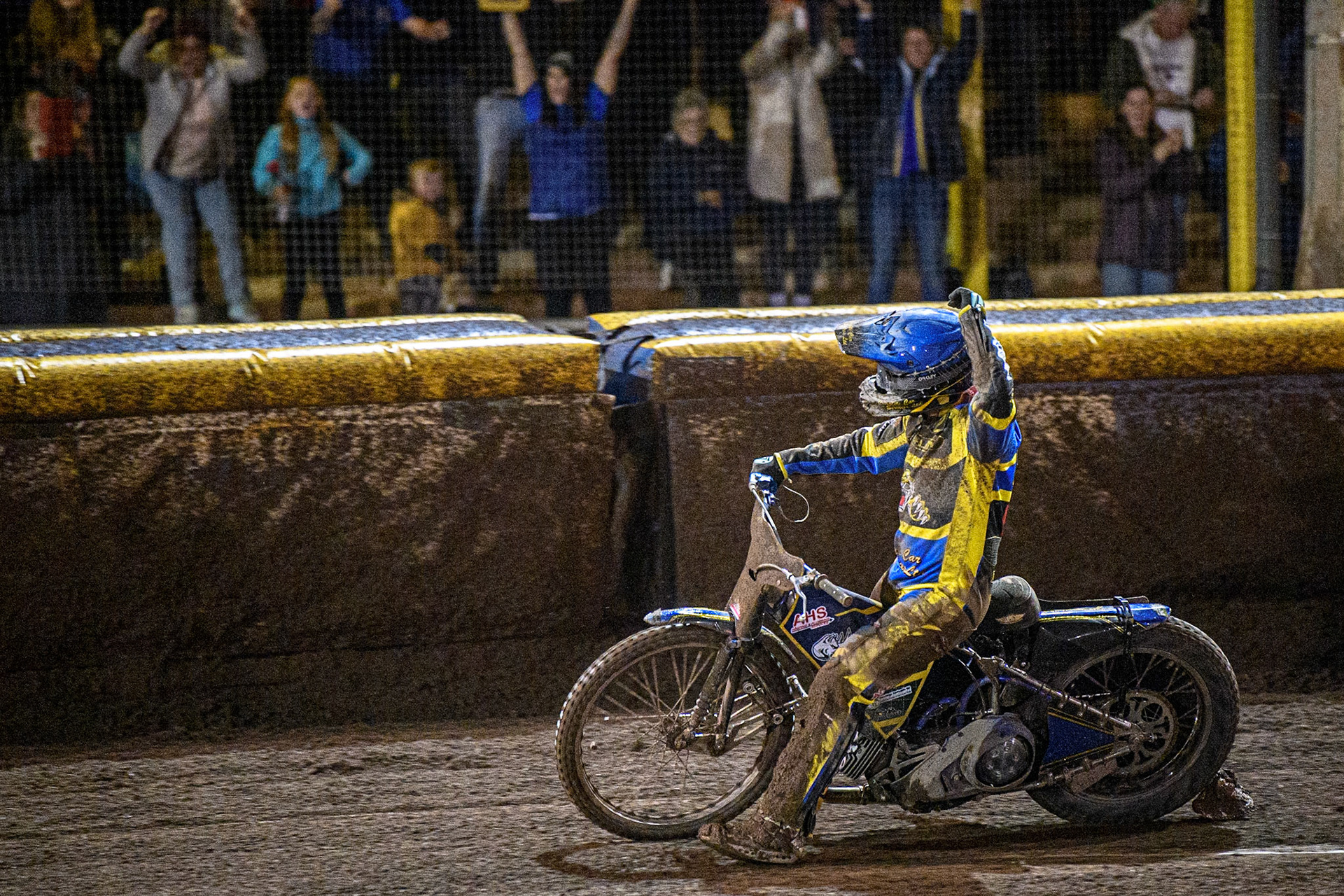 Kyle Howarth celebrates another Tigers Heat win during the Sports Insure Premiership Grand Final Second Leg match between Sheffield Tigers and Ipswich Witches at Owlerton Stadium, Sheffield on Thursday 5th October 2023. (Photo: Ian Charles | MI News)