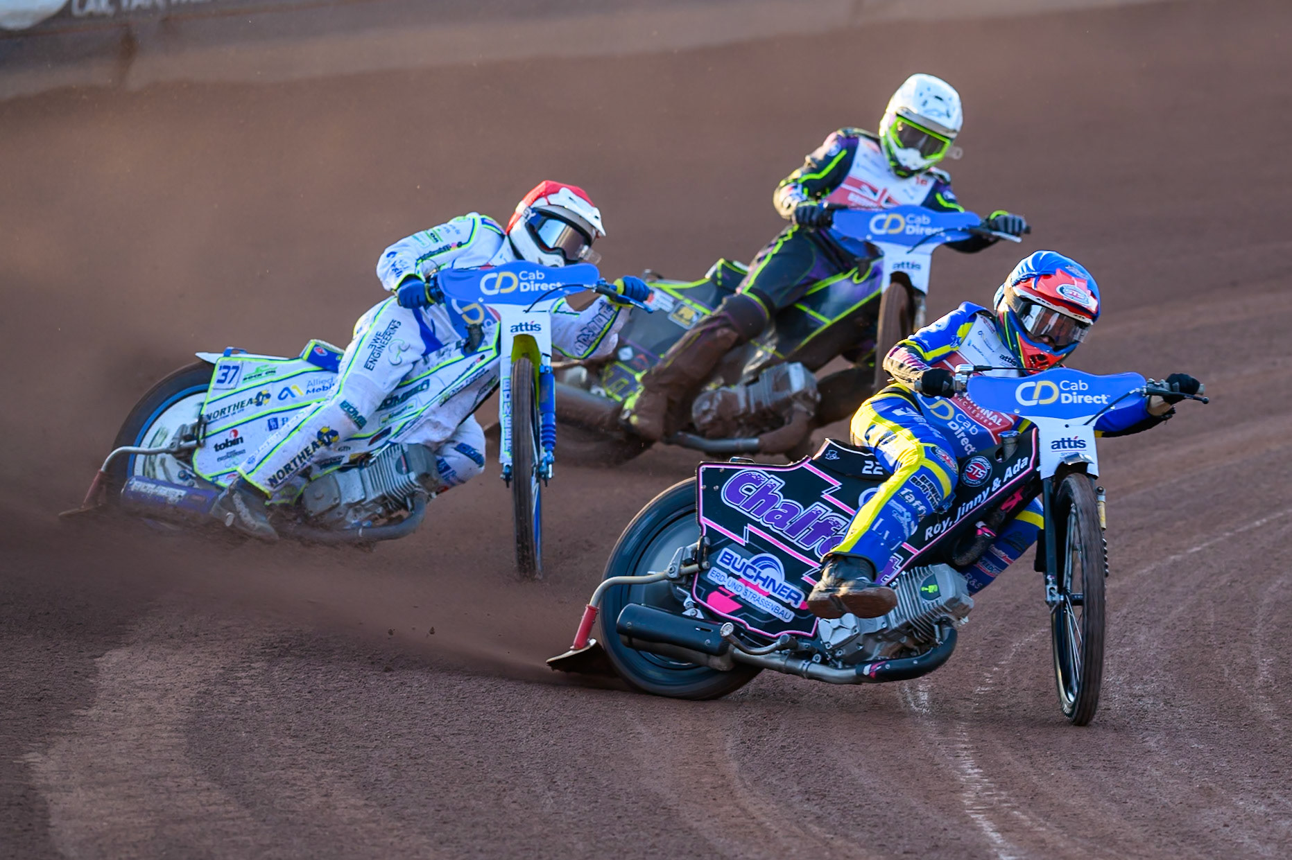 Leon Flint (14) in Blue leading Chris Harris (15) in Red  and Tom Brennan (16) in White during the Cab Direct British Speedway Championship Final at the National Speedway Stadium, Manchester on Saturday 15th August 2026. (Photo: Ian Charles | MI News)