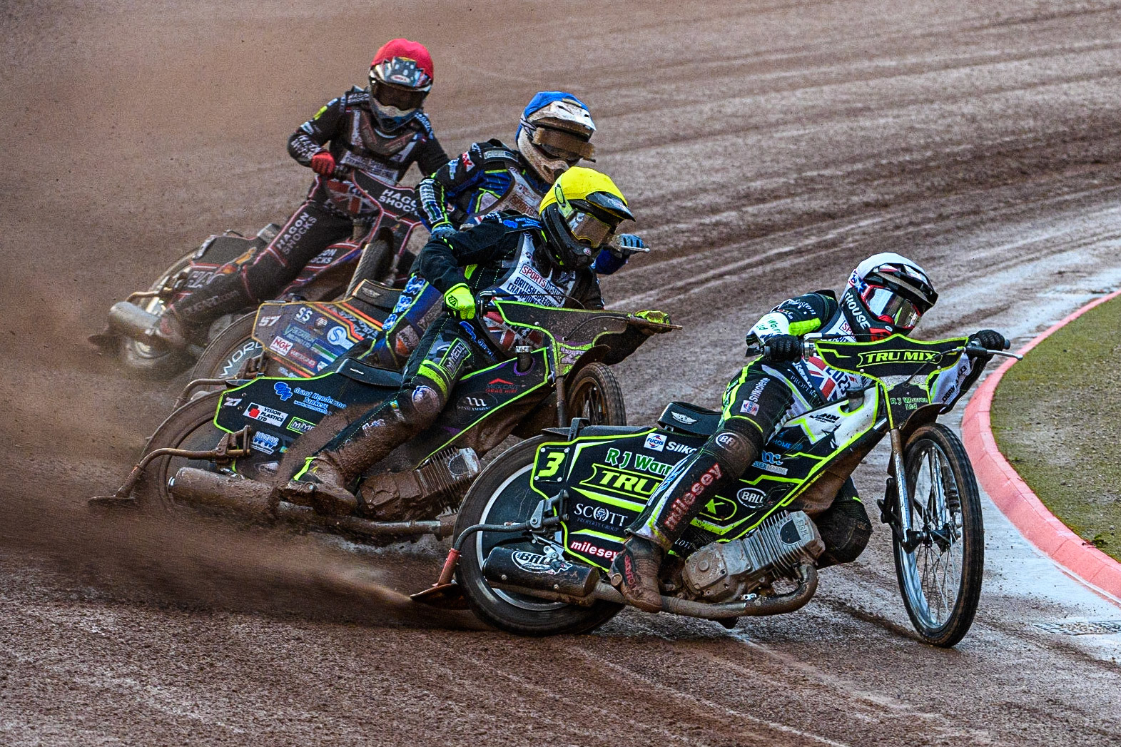 Danny King (White) leads Tom Brennan (Yellow), Connor Mountain (Blue) and Sam Hagon (Red) during the Sports Insure British Speedway Final at the National Speedway Stadium, Manchester on Monday 14th August 2023. (Photo: Ian Charles | MI News)