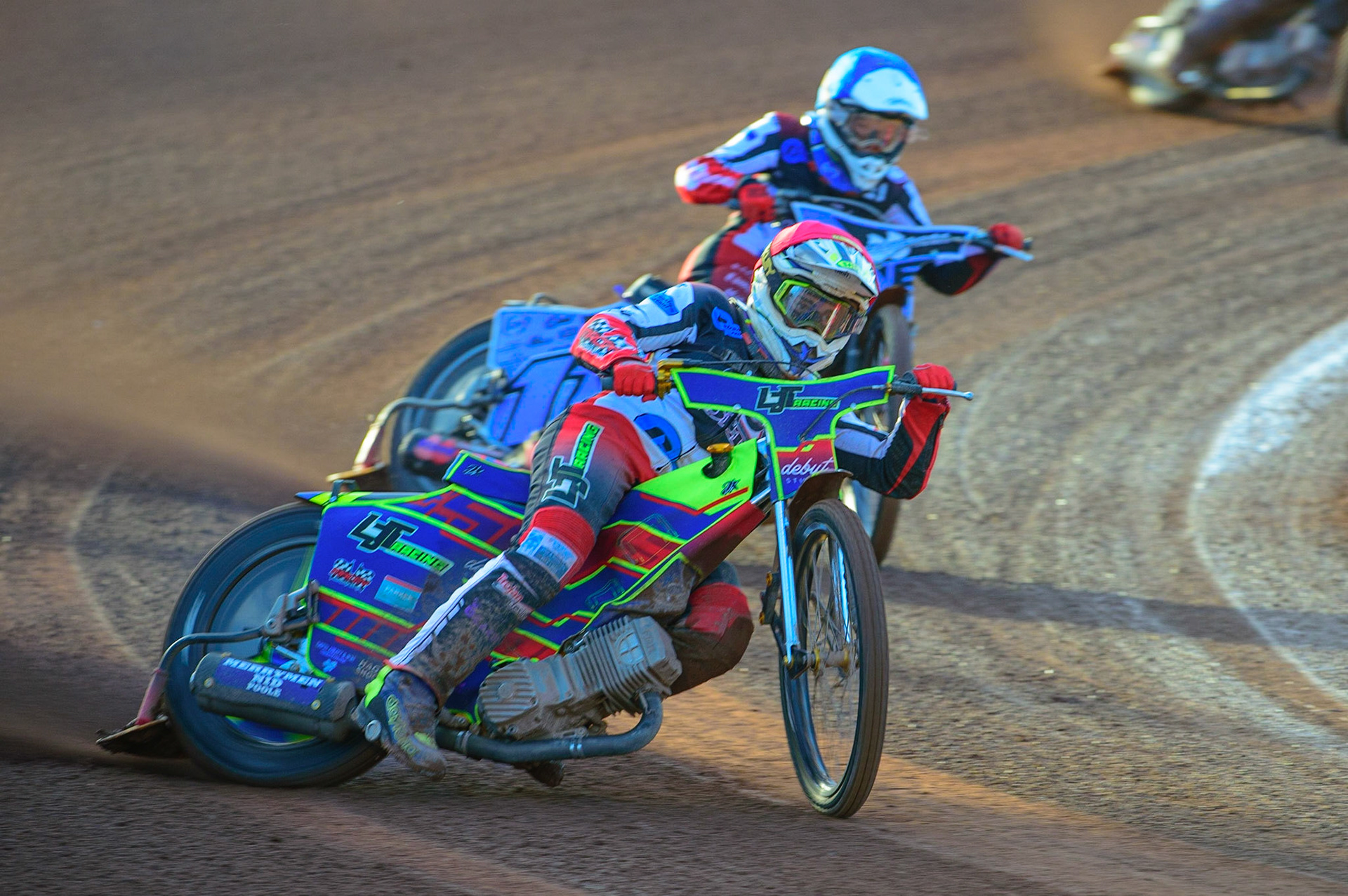 MANCHESTER, UK. MAY 27TH Nathan Ablitt  (Red) leads Sam McGurk  (Blue) during the National Development League match between Belle Vue Colts and Armadale Devils at the National Speedway Stadium, Manchester on Friday 27th May 2022. (Credit: Ian Charles | MI News)