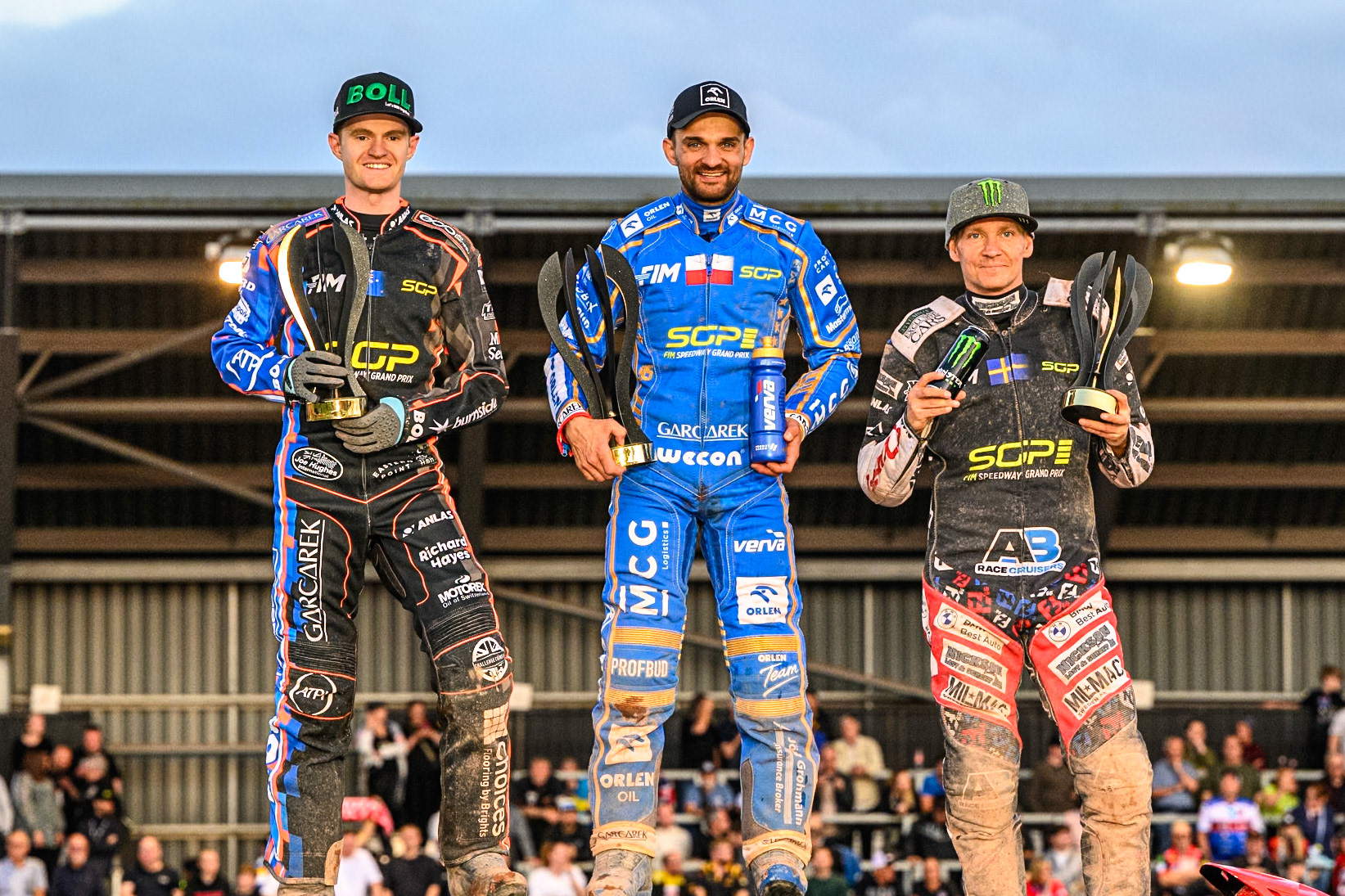 Top3: (L to R) Brady Kurtz (2nd), Bartosz Zmarzlik (First), Fredrik Lindgren (3rd) during the ATPI FIM Speedway Grand Prix Round 5 at the National Speedway Stadium, Manchester, on Saturday 14th June 2025. (Photo: Ian Charles | MI News)