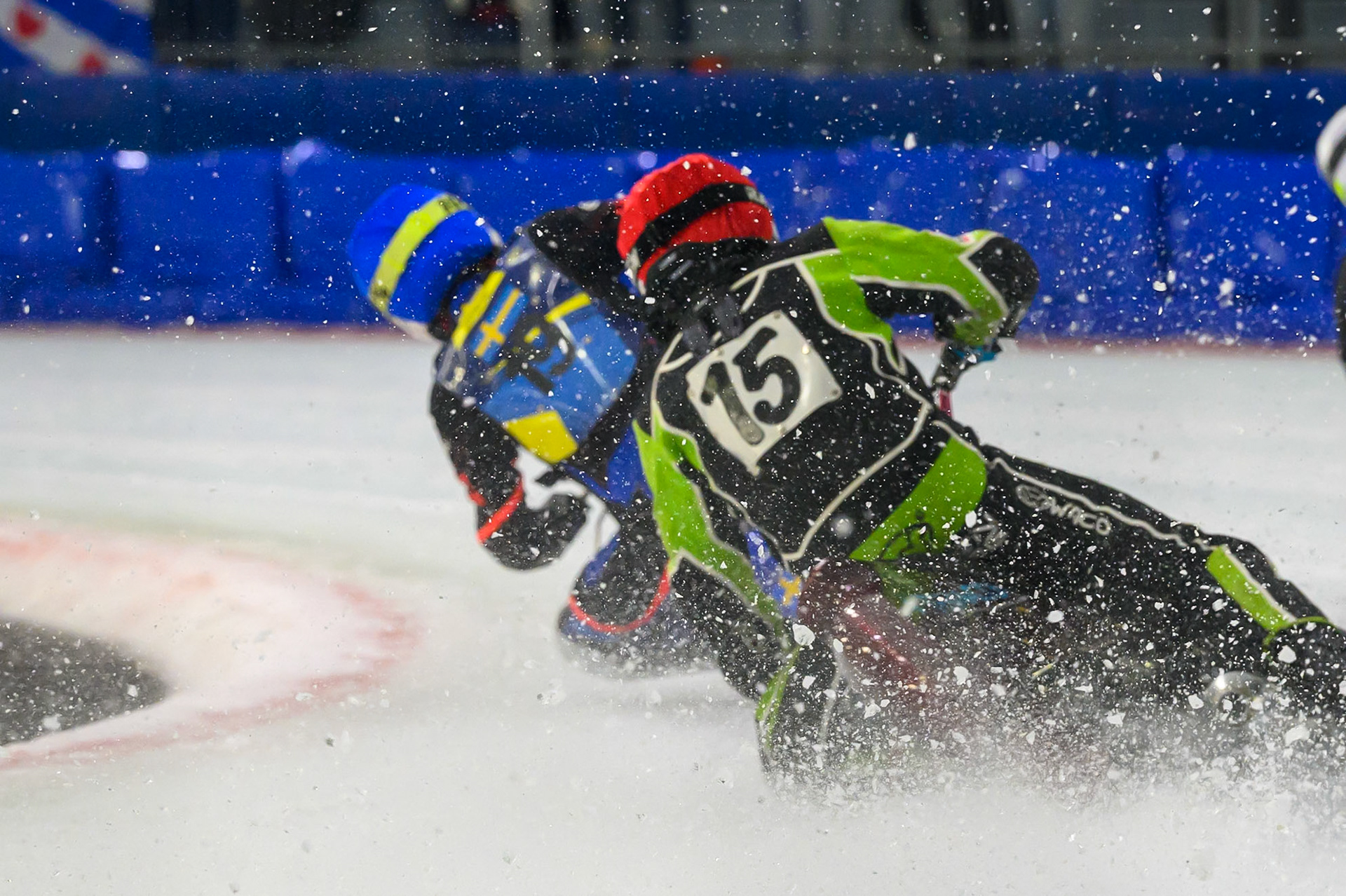 Arttu Lehtinen of Finland  in Red chases Melwin Björklin of Sweden  in Blue during the ROELOF THIJS BOKAAL at Ice Rink Thialf, Heerenveen on Friday 10th April 2026.  (Photo: Ian Charles | MI News)