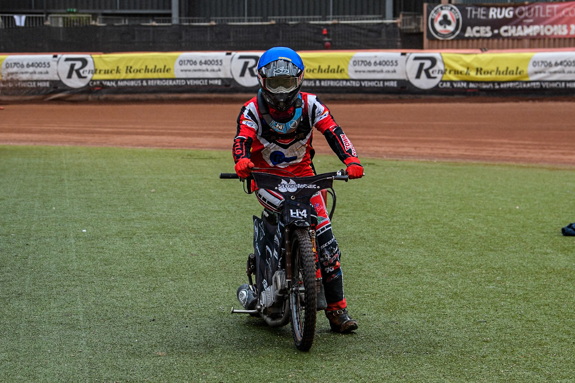 Belle Vue Colts' Harry McGurk  pushes his bike back to the pits during the WSRA National Development League match between Belle Vue Colts and Oxford Chargers at the National Speedway Stadium, Manchester on Friday 2nd August 2024. (Photo: Ian Charles | MI News)