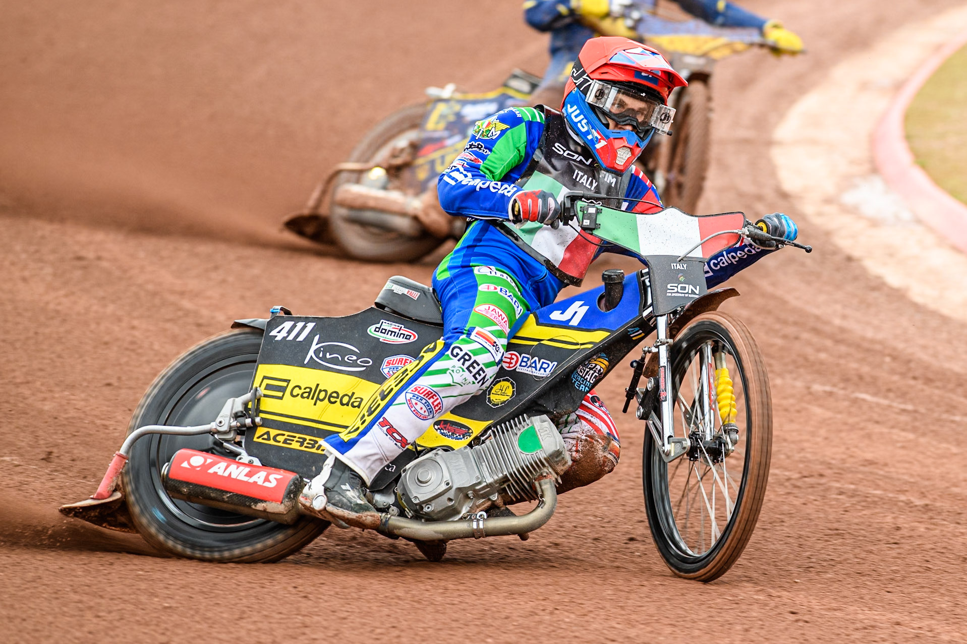 Paco Castagna of Italy in action during the Monster Energy FIM Speedway of Nations Semi-Final 1 at the National Speedway Stadium, Manchester on Tuesday 9th July 2024. (Photo: Ian Charles | MI News)