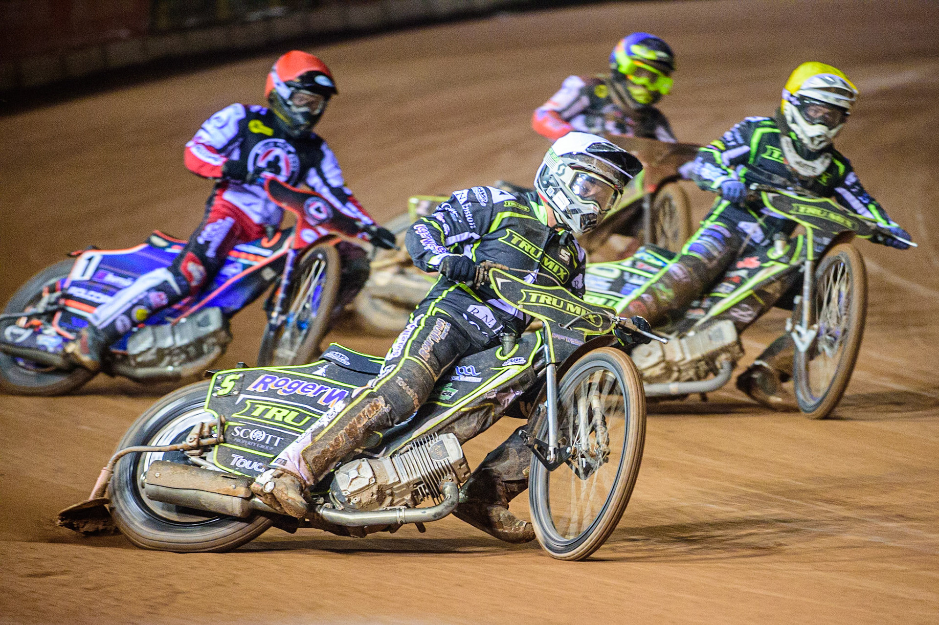 Troy Batchelor  (White) and Paul Starke  (Yellow) lead Brady Kurtz  (Red) and Tom Brennan  (Blue) during the SGB Premiership Semi Final 2nd Leg between Belle Vue Aces and Ipswich Witches at the National Speedway Stadium, Manchester on Monday 3rd October 2022. (Credit: Ian Charles | MI News)