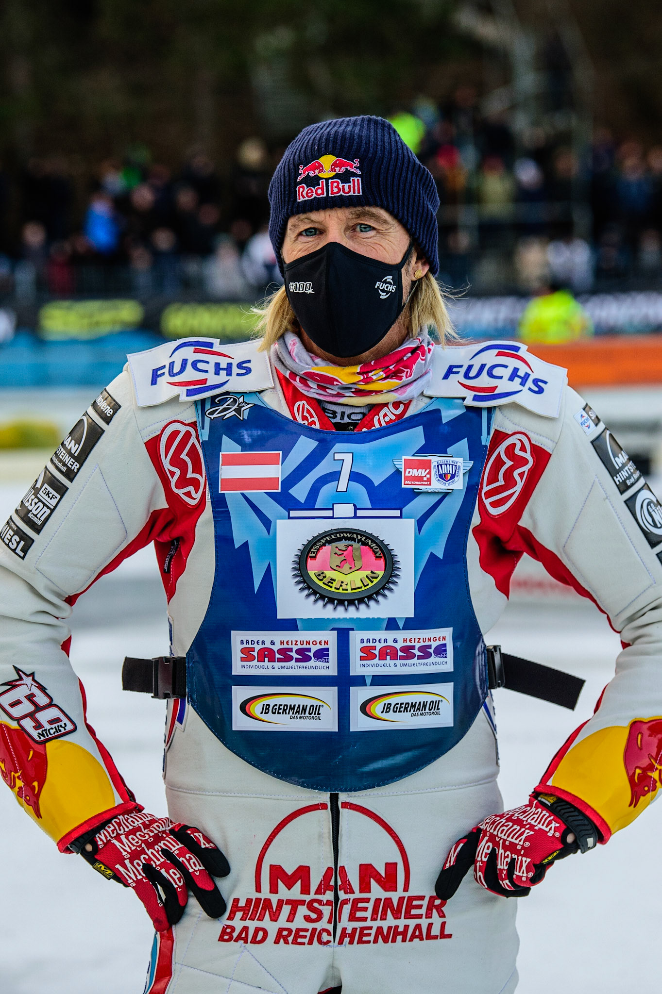 Franz Zorn with a mask as he was suffering from Covid  during the German Individual Ice Speedway Championship at Horst-Dohm-Eisstadion, Berlin on Friday 3rd March 2023. (Photo: Ian Charles | MI News)
