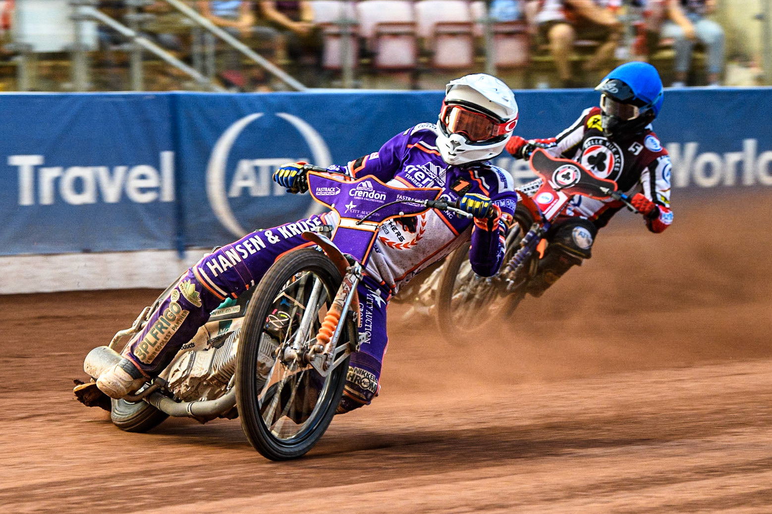 Niels-Kristian Iversen  (White) leads Brady Kurtz (Blue) during the Sports Insure Premiership match between Belle Vue Aces and Peterborough at the National Speedway Stadium, Manchester on Monday 19th June 2023. (Photo: Ian Charles | MI News)