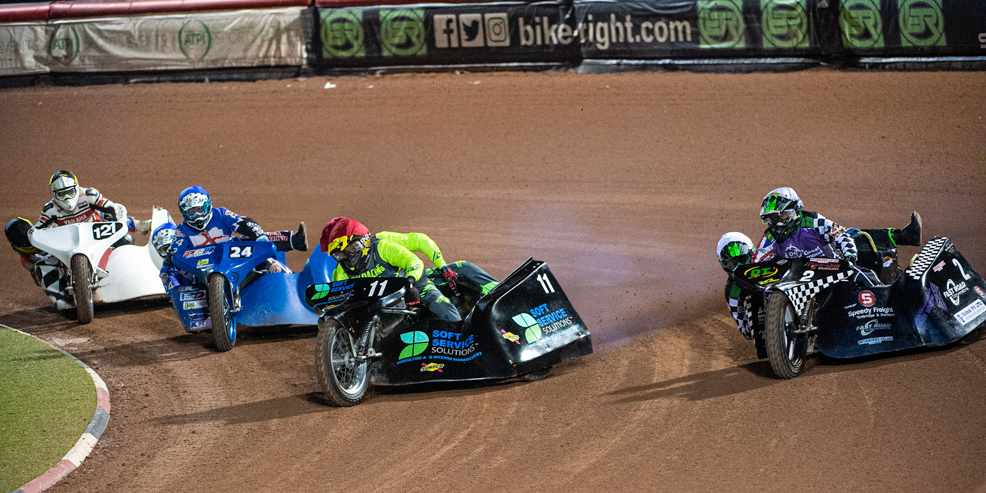 MANCHESTER, ENGLAND Philip Wynn & Adam Cowper Smith (11) inside Nevill Penfold & Kev Jones (2) with Rob Wilson & Terry Saunters (24) and Steve Maitland & Terry Madley (121) chasing during the  ACU Sidecar Speedway Manchester Masters,  Belle Vue National Speedway Stadium, Manchester Saturday 12 October 2019 (Credit: Ian Charles | MI News)