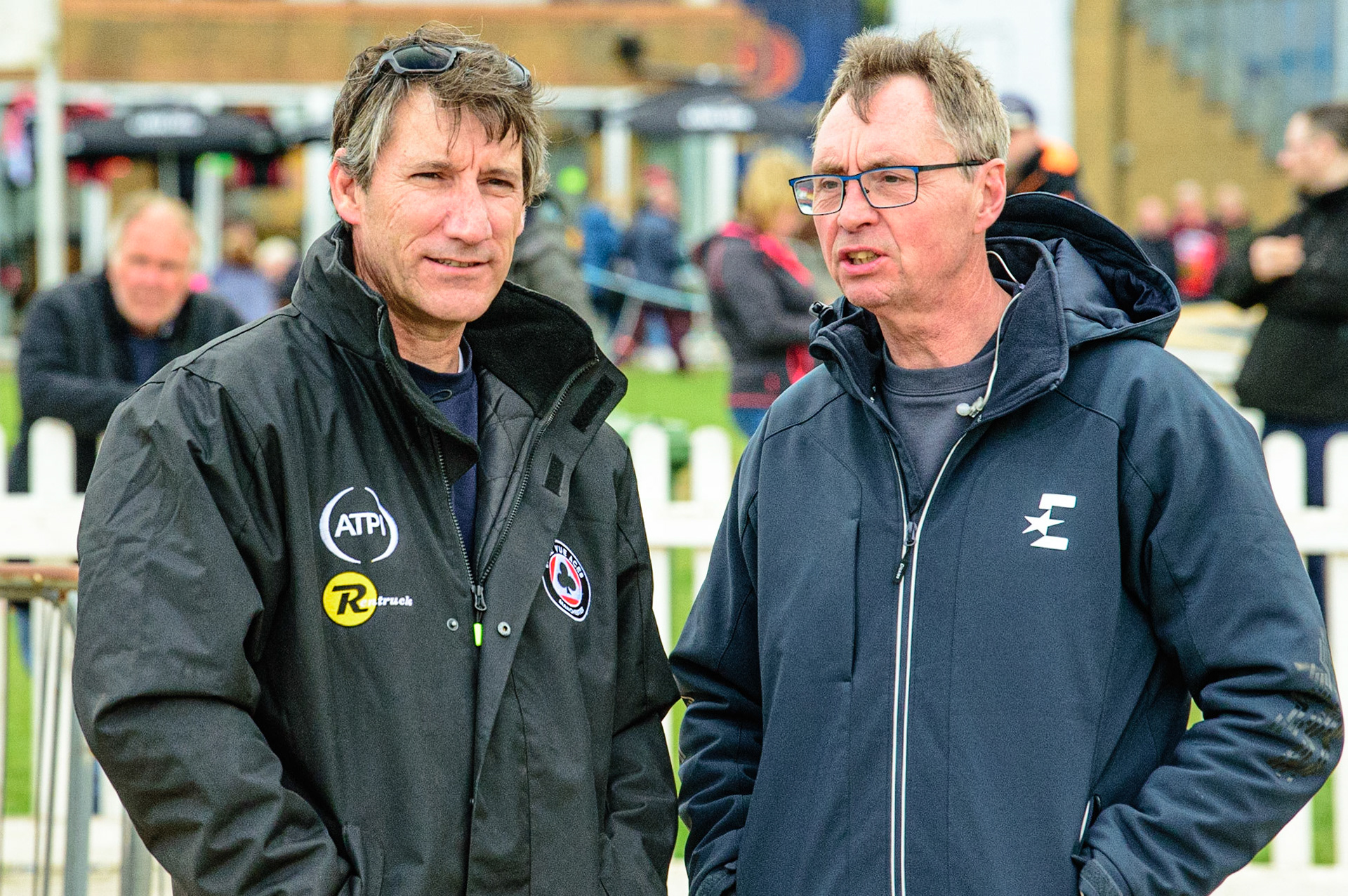 PETERBOROUGH, UK. MAY 9TH  Belle Vue ATPI Aces  manager Mark Lemon (left) with Eurosport commentator Kelvin Tatum  during the SGB Premiership match between Peterborough Panthers and Belle Vue Aces at East of England Showground, Peterborough on Monday 9th May 2022. (Credit: Ian Charles | MI News)