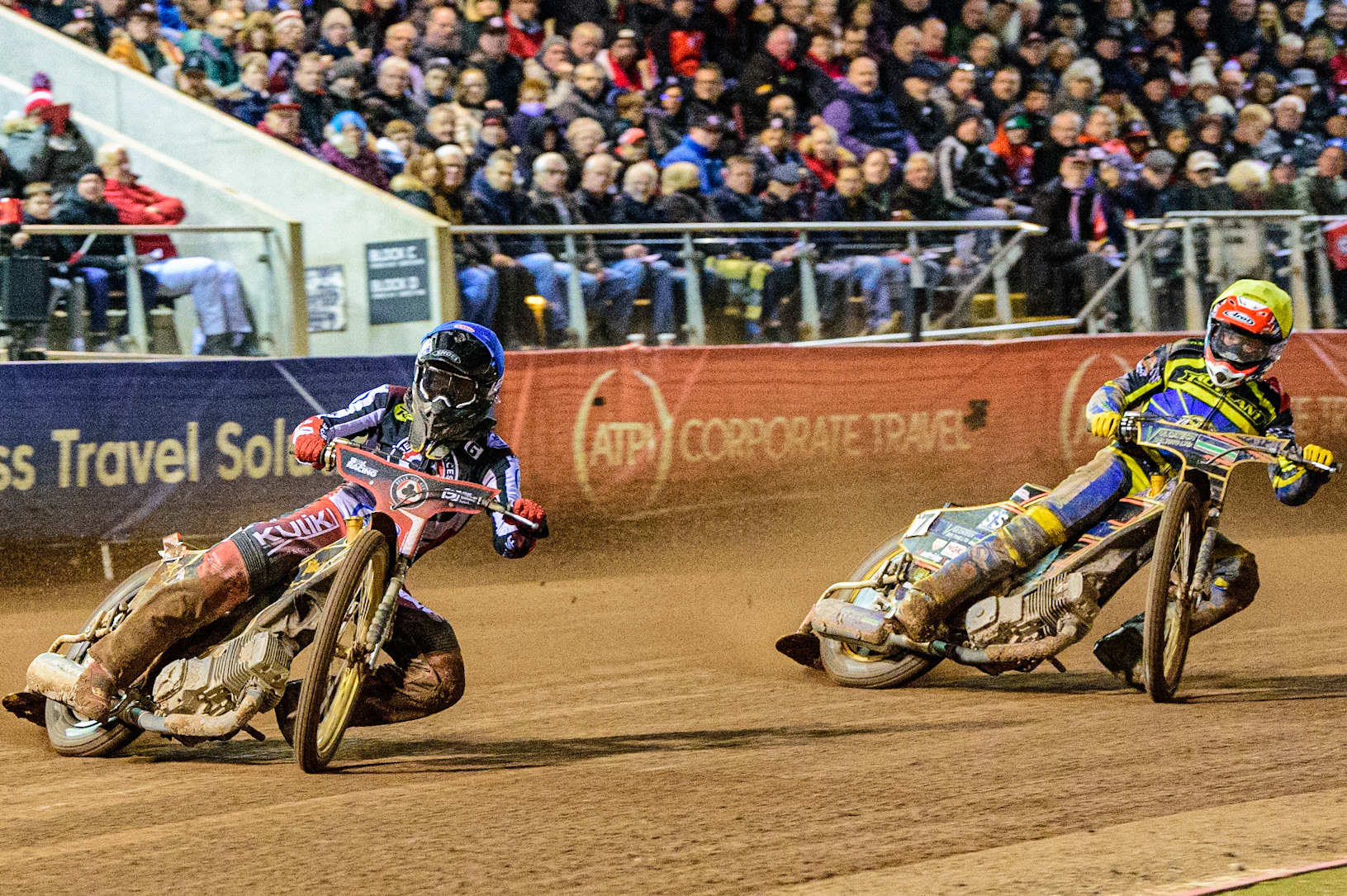 Norick Blödorn  (Blue) leads Connor Mountain  (Yellow) during the SGB Premiership Grand Final 1st leg between Belle Vue Aces and Sheffield Tigers at the National Speedway Stadium, Manchester on Monday 10th October 2022. (Credit: Ian Charles | MI News)