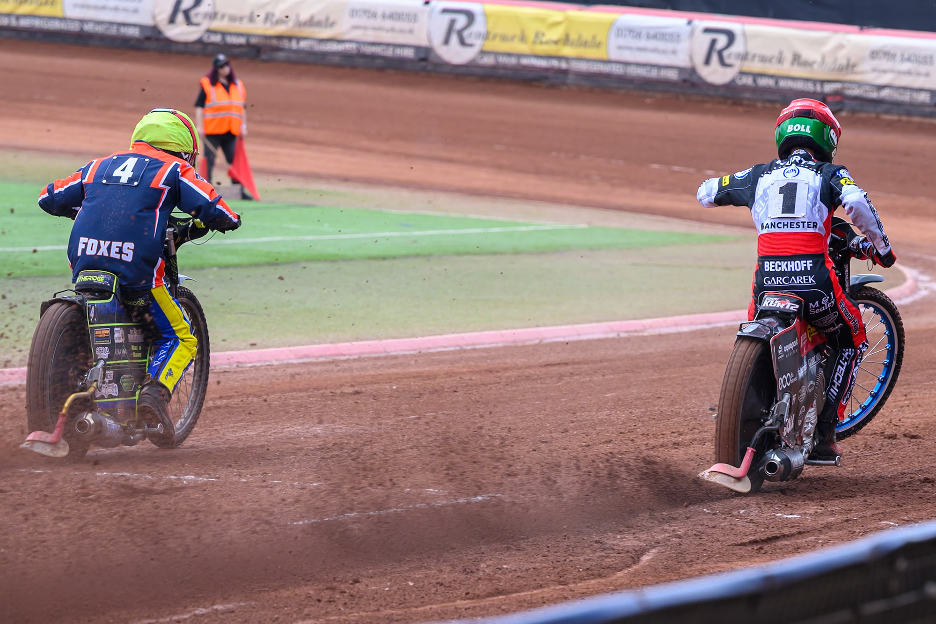 Jye Etheridge, Guest Rider for Northampton Foxes in Yellow and Brady Kurtz of Belle Vue Aces  in Red leave the start during the Rowe Motor Oil Premiership match between Belle Vue Aces and Northampton Foxes at the National Speedway Stadium, Manchester on Monday 4th May 2026. (Photo: Ian Charles | MI News)