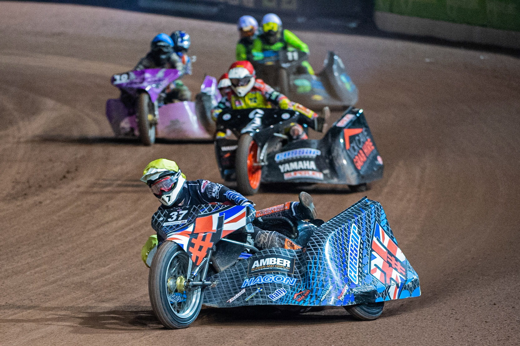 MANCHESTER, ENGLAND Mark Cossar & Carl Pugh(37) lead the pack during the  ACU Sidecar Speedway Manchester Masters,  Belle Vue National Speedway Stadium, Manchester Saturday 12 October 2019 (Credit: Ian Charles | MI News)