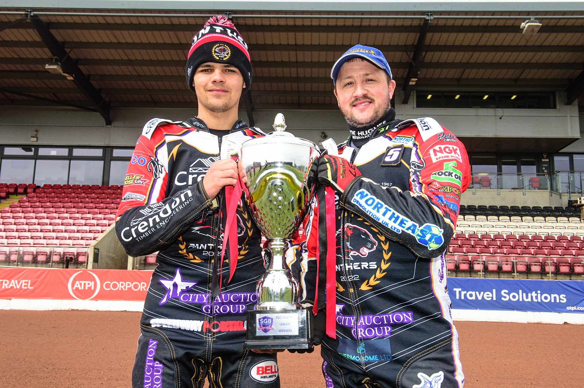 MANCHESTER, UK. APRIL 12TH: Jordan Palin and Chris Harris with the Premiership Trophy at the Discovery Networks Eurosport Speedway Season Launch at the National Speedway Stadium, Manchester on Tuesday 12th April 2022 (Credit: Ian Charles | MI News)