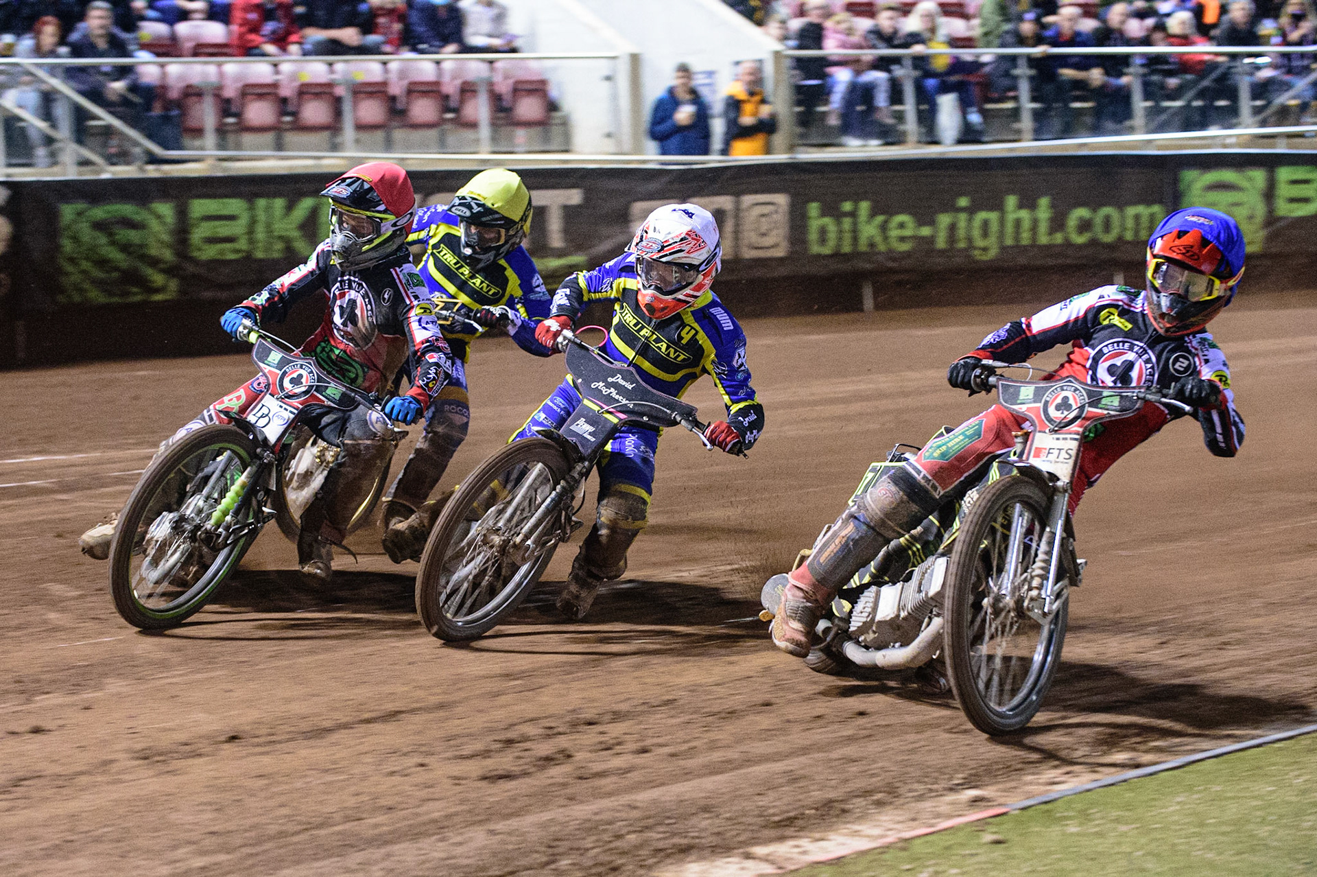 MANCHESTER, UK. OCT 7TH  Jye Etheridge   (Blue) inside Josh Pickering   (White\ Charles Wright  (Red) and Connor Mountain  (Yellow) during the SGB Premiership Play off Semi-Final Second Leg between Belle Vue Aces and Sheffield Tigers at the National Speedway Stadium, Manchester on Thursday 7th October 2021. (Credit: Ian Charles | MI News)