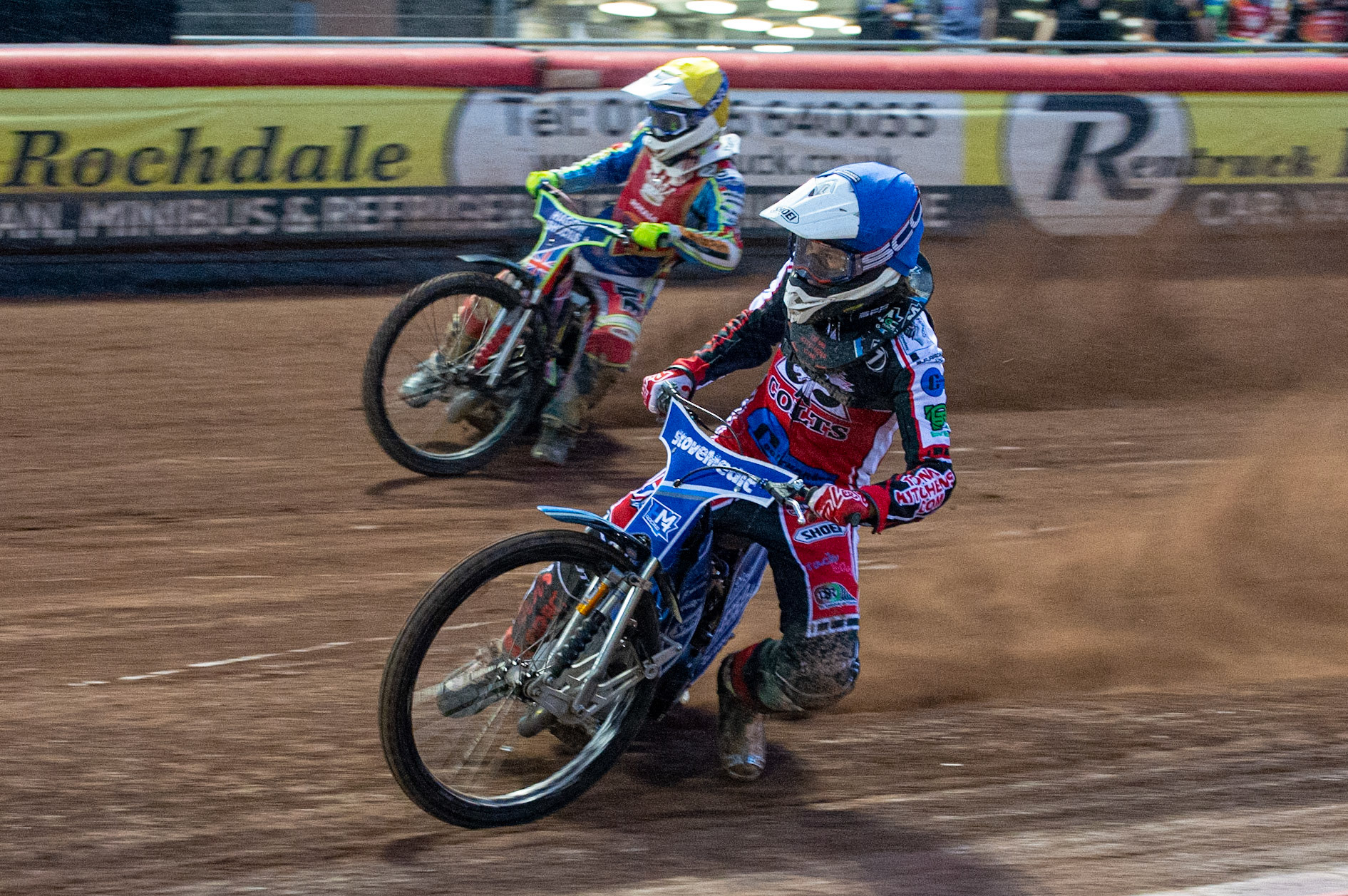 MANCHESTER, UK. JULY 2ND  Harry McGurk  (Blue) inside Jake Mulford  (Yellow)during the National Development League match between Belle Vue Colts and Kent Royals at the National Speedway Stadium, Manchester on Friday 2nd July 2021. (Credit: Ian Charles | MI News)