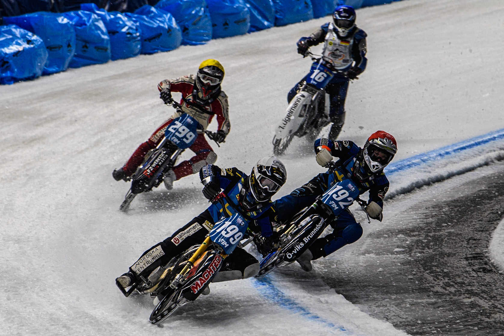Martin Haarahiltunen (199) of Sweden in White leading Niclas Svensson (192) of Sweden in Red Martin Posch (299) of Austria in Yellow and Wild Card Reinhard Greisel (16) of Germany in Blue during the Ice Speedway Gladiators World Championship Final 2 at Max-Aicher-Arena, Inzell on Sunday 16th March 2025. (Photo: Ian Charles | MI News)