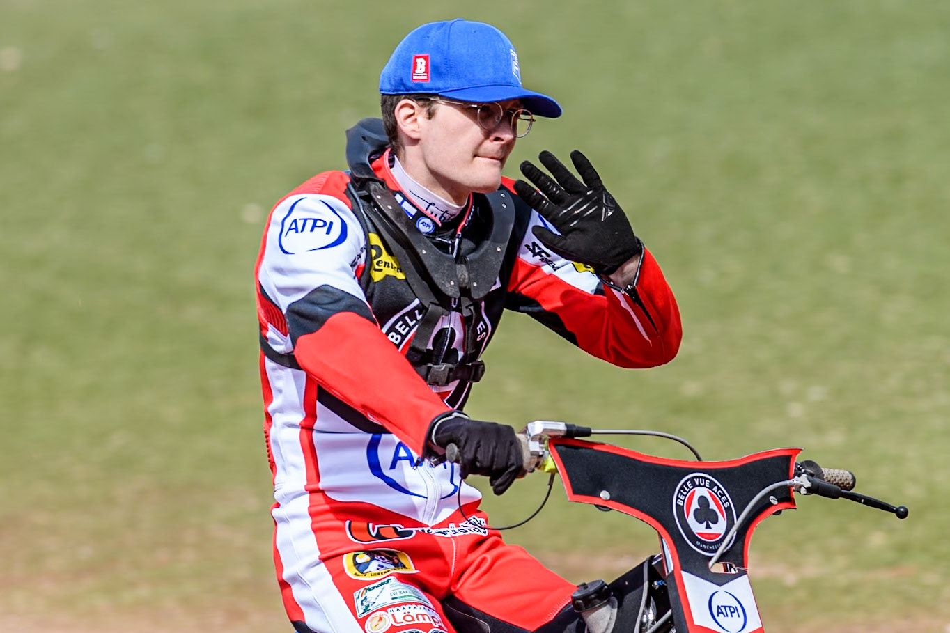 Belle Vue Aces' Antti Vuolas  on the parade lap  during the Rowe Motor Oil Premiership match between Belle Vue Aces and Sheffield Tigers at the National Speedway Stadium, Manchester on Monday 26th August 2024. (Photo: Ian Charles | MI News)
