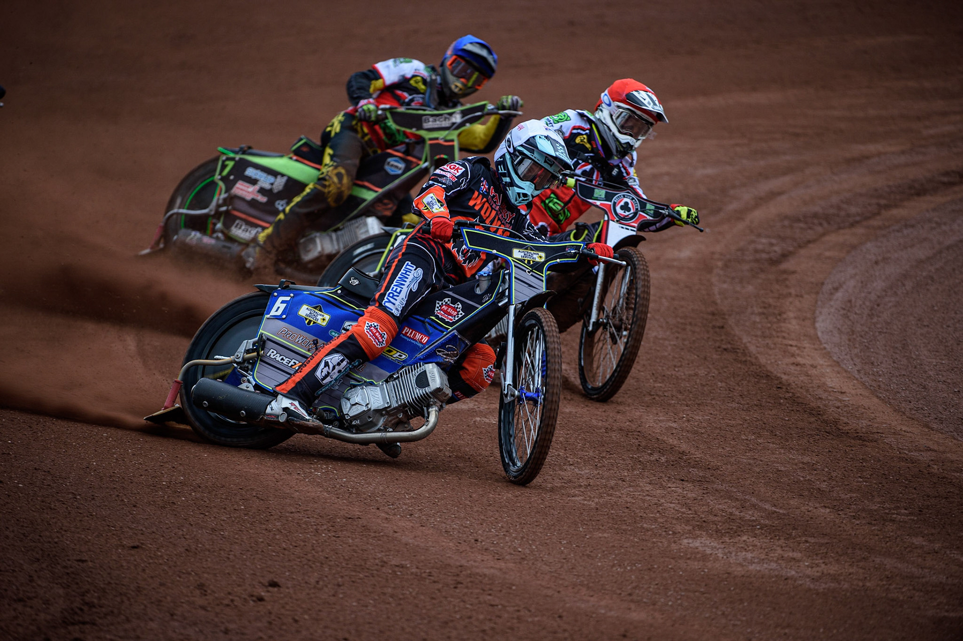 MANCHESTER, UK. AUGUST 30TH Ryan Douglas  (White)leads Tom Brennan  (Red) and Nikolaj B. Jakobsen  (Blue) during the SGB Premiership match between Belle Vue Aces and Wolverhampton Wolves at the National Speedway Stadium, Manchester on Monday 30th August 2021. (Credit: Ian Charles | MI News)