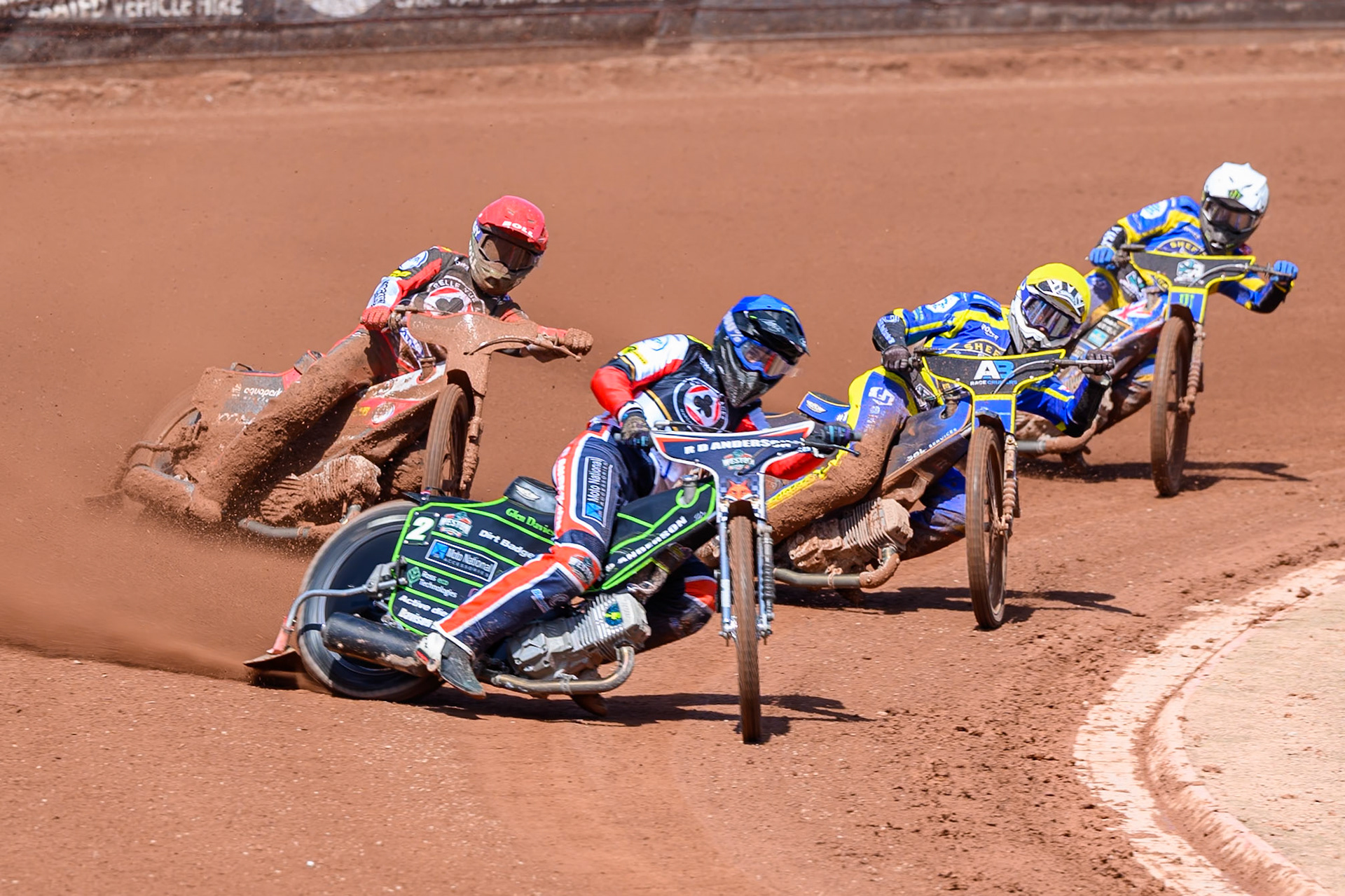 Kye Thomson, Guest Rider for Belle Vue Aces in Blue leading Anders Rowe of Sheffield Tigers in Yellow, Brady Kurtz of Belle Vue Aces  in Red and Jack Holder of Sheffield Tigers  in White during the Rowe Motor Oil Premiership match between Belle Vue Aces and Sheffield Tigers at the National Speedway Stadium, Manchester on Monday 25th May 2026. (Photo: Ian Charles | MI News)
