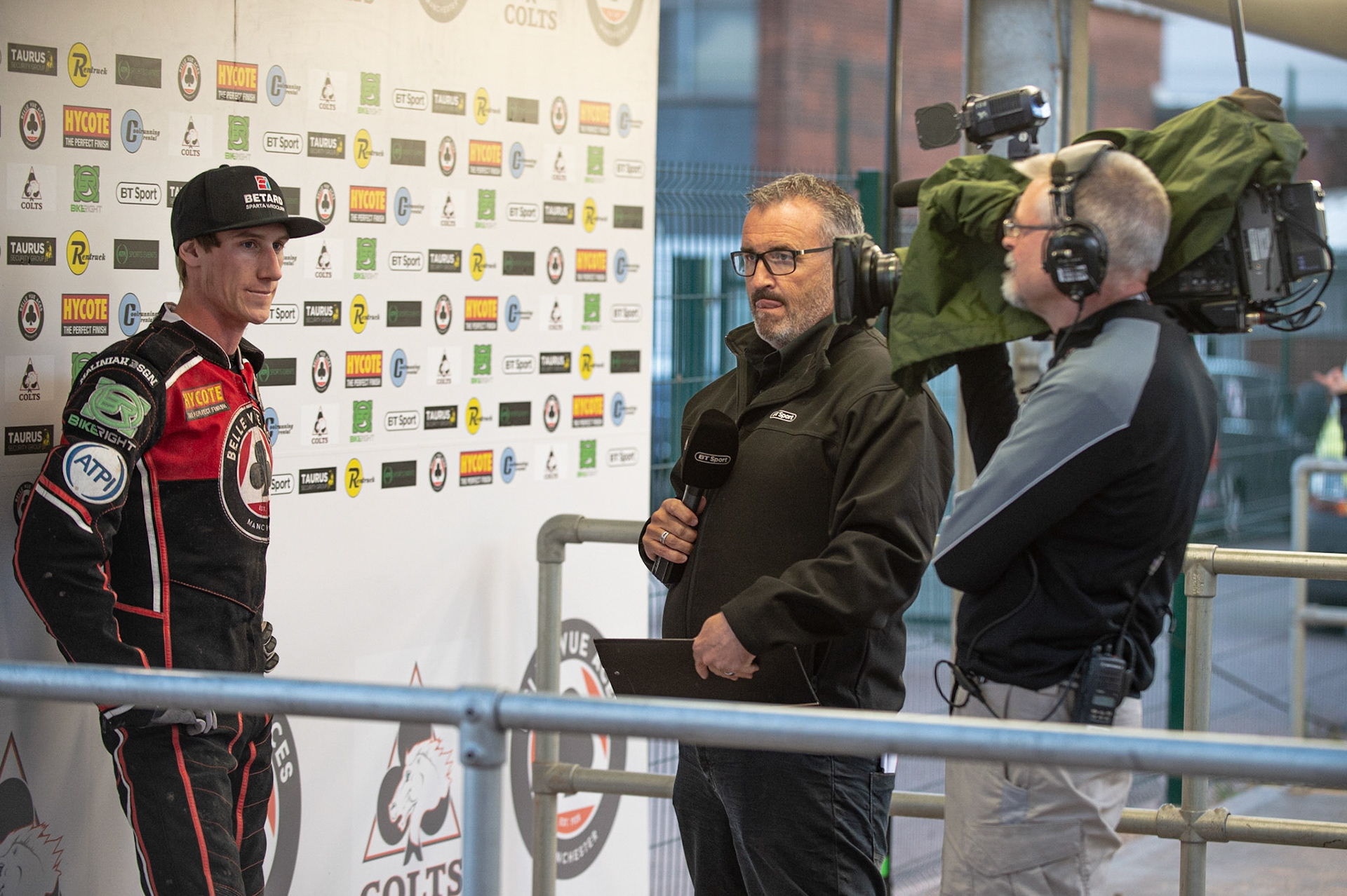 Photo by Ian Charles

Max Fricke  prepares to give Steve Brandon an interview for BT Sport

Belle Vue Aces v Poole Pirates, British Speedway Premiership, Belle Vue National Speedway Stadium, Manchester, Monday 1  July  2019